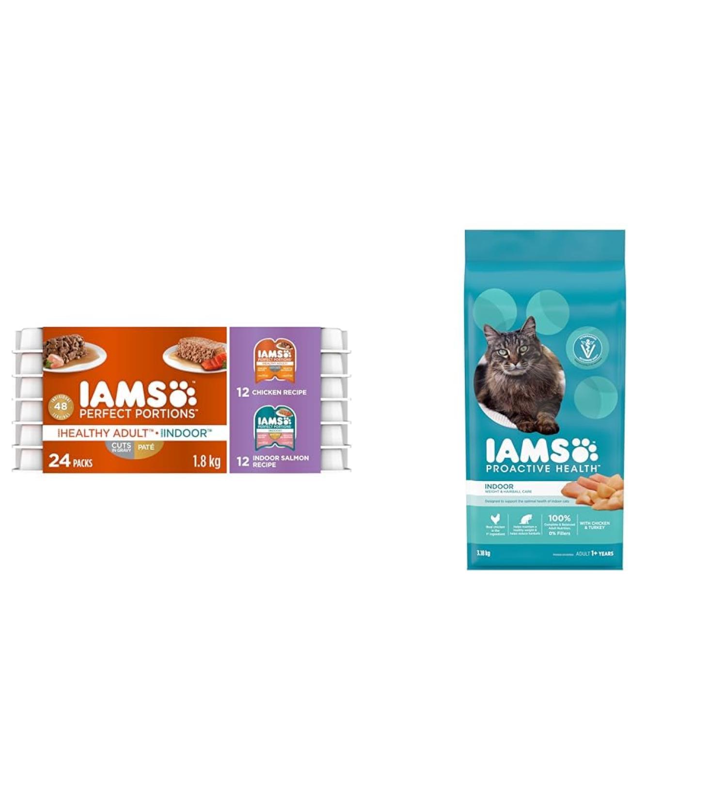 IAMS Perfect Portions Wet Cat Food Adult Grain Free & Proactive Health Dry Cat Food Adult - Indoor Weight & Hairball Care - Chicken & Turkey 3.18kg Bag Chicken & Salmon Wet Cat Food+ Dry Cat Food 3.18kg - Buy Online on GoSupps.com