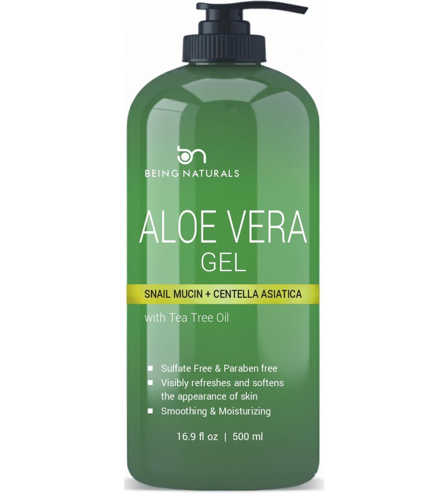 Being Naturals Aloe vera Gel - from 100% Pure Organic Aloe Infused with Snail Mucin/Centella Asiatica - Natural Raw Moisturizer for Face Body Hair. Perfect for Sunburn Acne Razor Bumps 16.9 fl oz - Buy Online on GoSupps.com