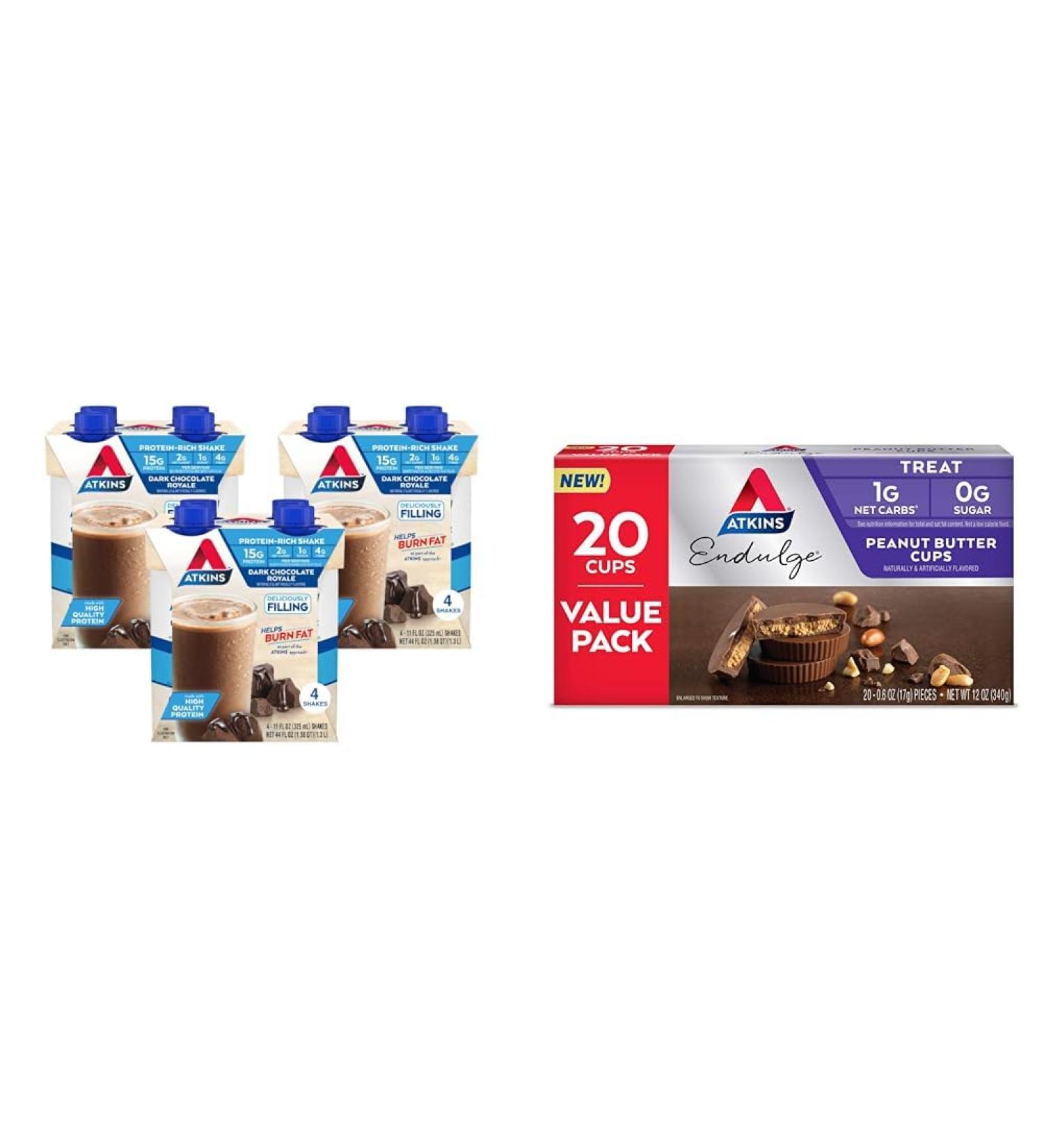 Atkins Dark Chocolate Royale Protein Shake 15g Protein Low Glycemic 2g Net Carb 1g Sugar Keto Friendly 12 Count & Endulge Peanut Butter Cups Dessert Favorite Low Carb 0g Sugar 20 Count - Buy Online on GoSupps.com