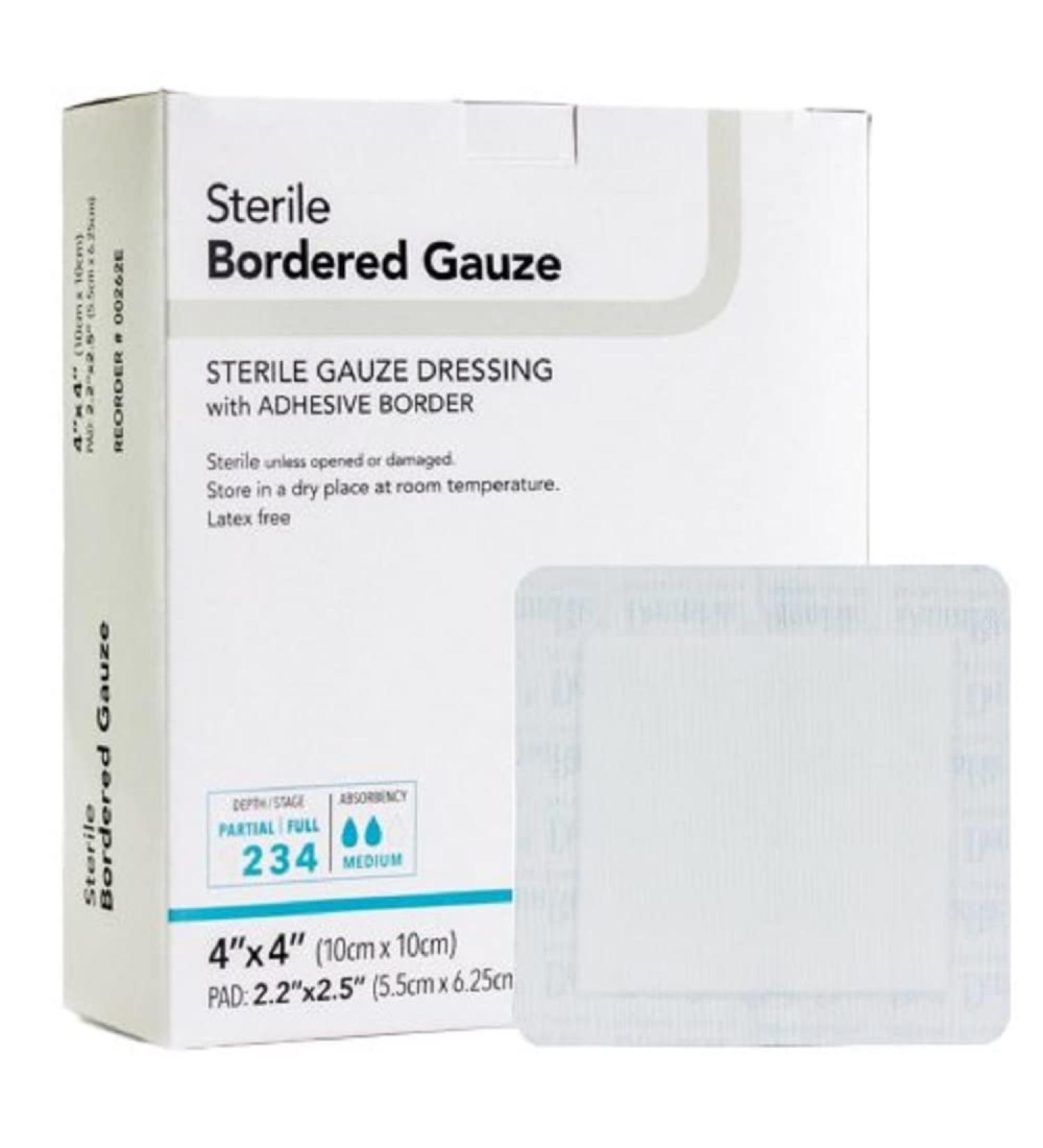 Sterile Bordered Gauze Dressing with Adhesive Border - 25 Count - 4"x4" - Individually Packaged - for Stage 2 3 and 4 Wound Care - Latex Free