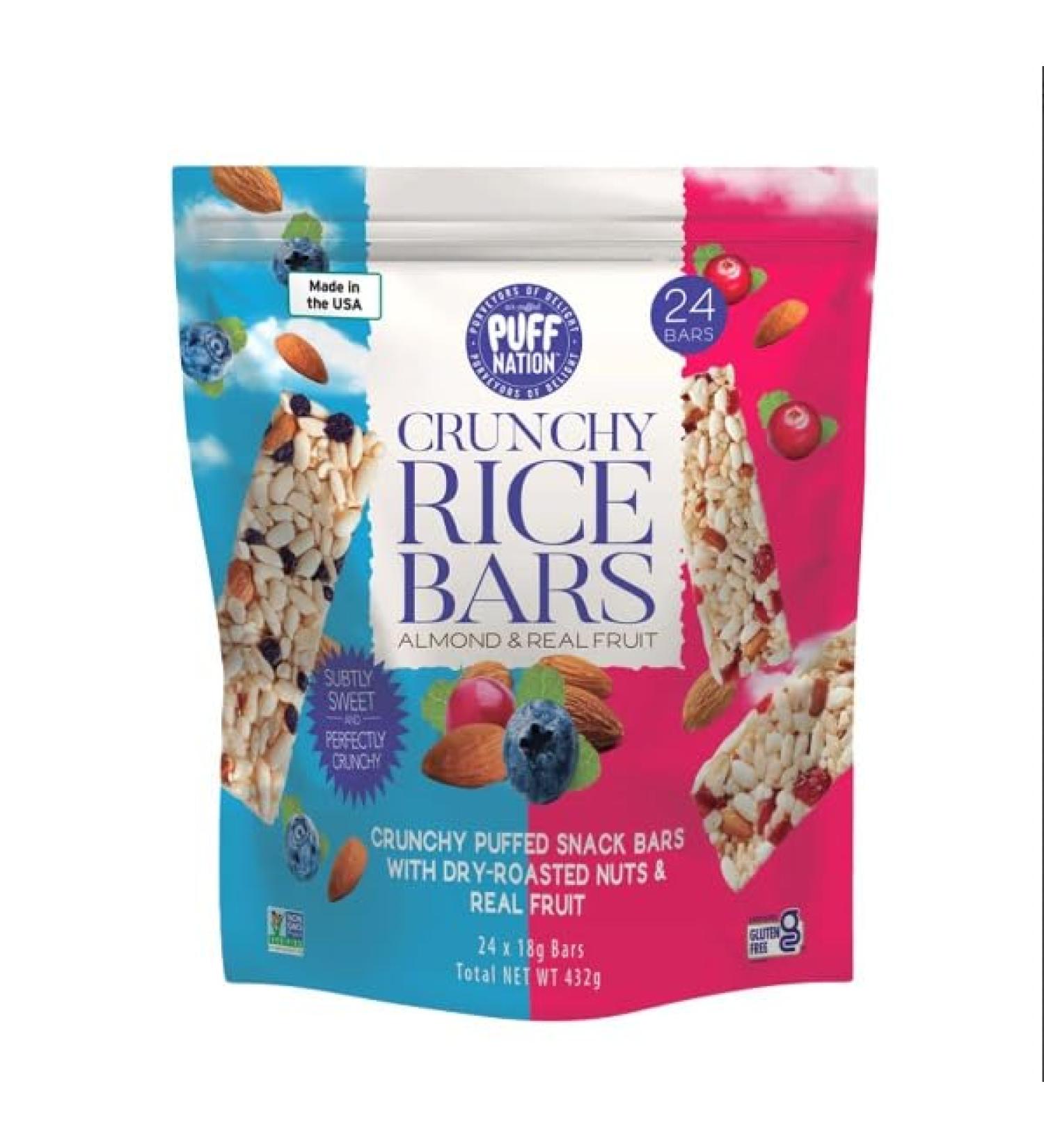 Puff Nation Crunchy Rice Bars Almond and Real Fruit 24 x 18g Bars
