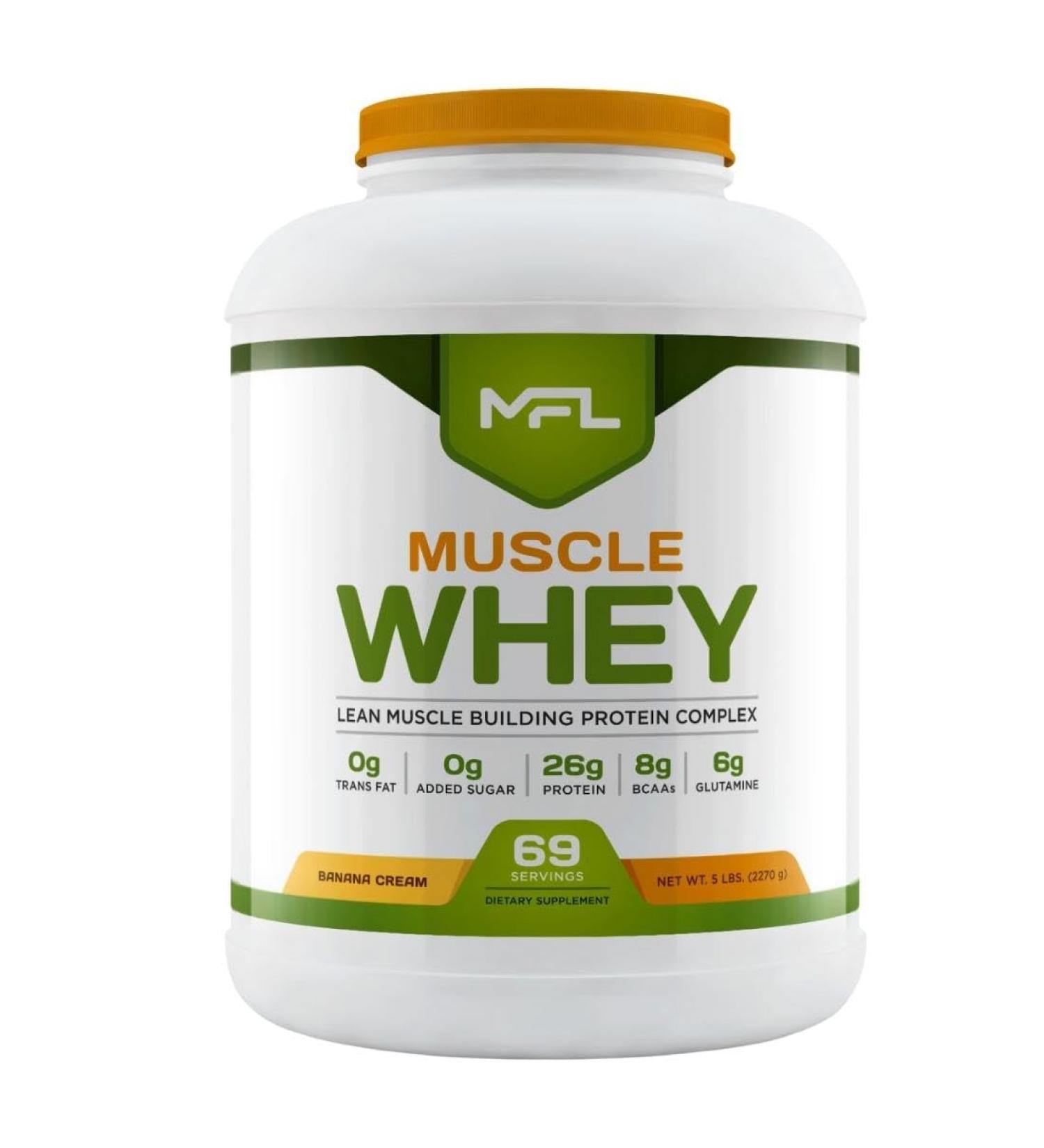 MFL Muscle Whey Protein 5 lbs l 26g of Protein l 8g BCAAs l 6g Glutamine l Low Carbs l 69 Servings (Banana Cream) - Buy Online on GoSupps.com