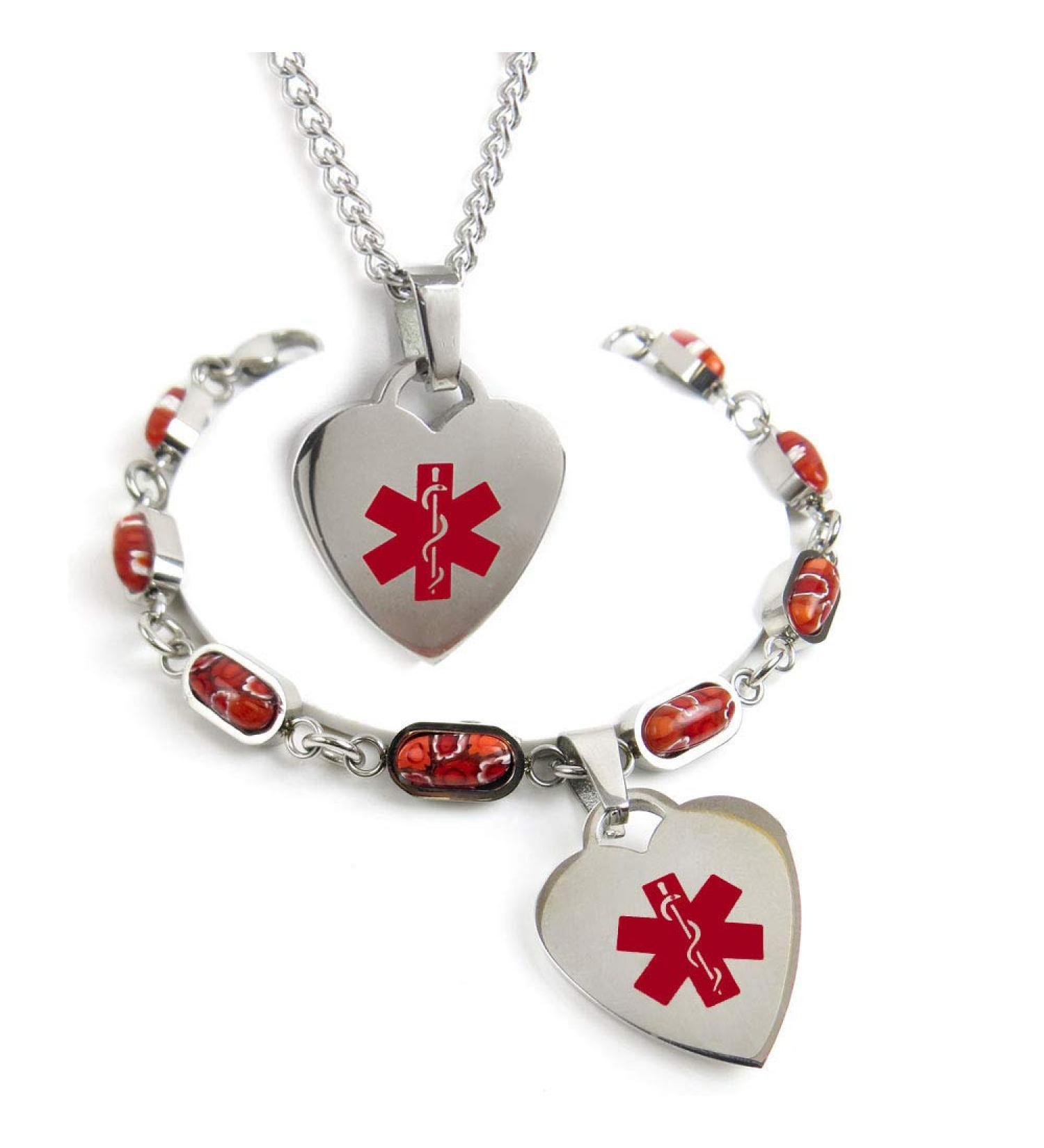 Custom Engraved Medical Bracelet & Alert ID Necklace for Women - Stainless Steel Heart 6.75in | International Shipping Available - Buy Online on GoSupps.com