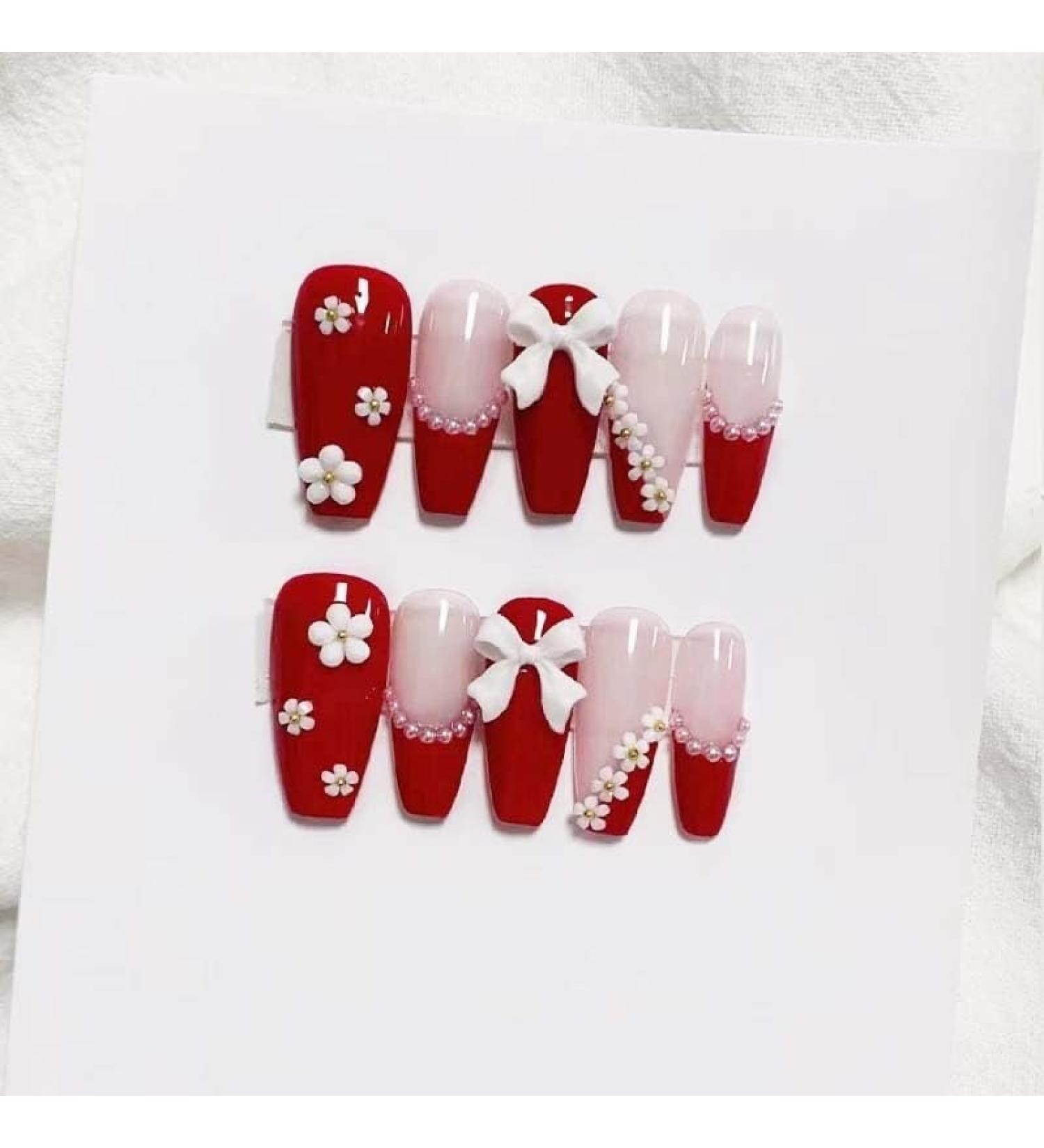 Christmas American Independence Day Flag Wearing Armor Christmas False Nail Wine Red Sweet Cool False Nail Beauty Patch(Color:Bow1 Size:M)