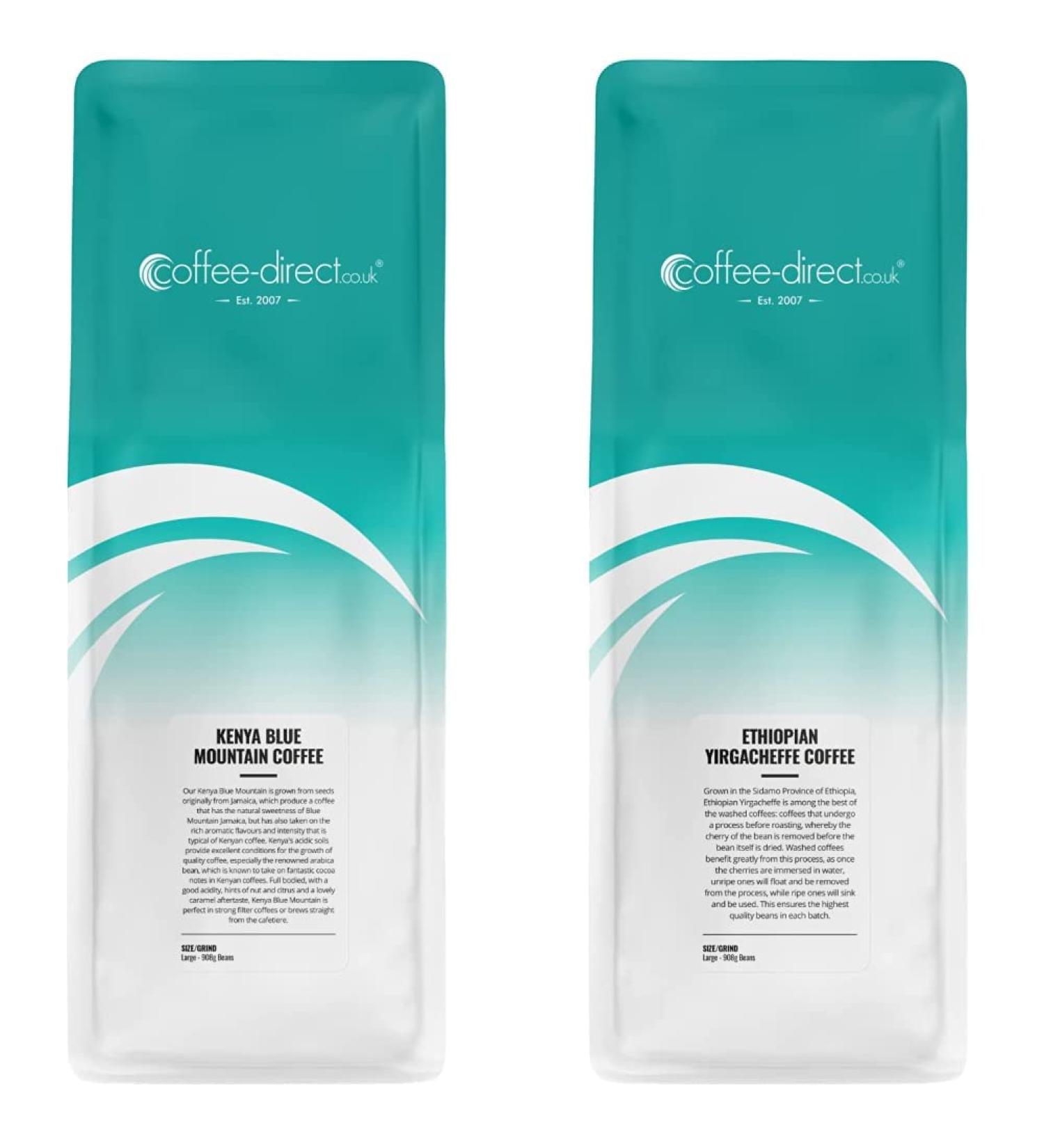 Coffee Direct Kenya Blue Mountain Coffee Beans 908 g & Ethiopian Yirgacheffe Coffee Beans 908 g - Buy Online on GoSupps.com