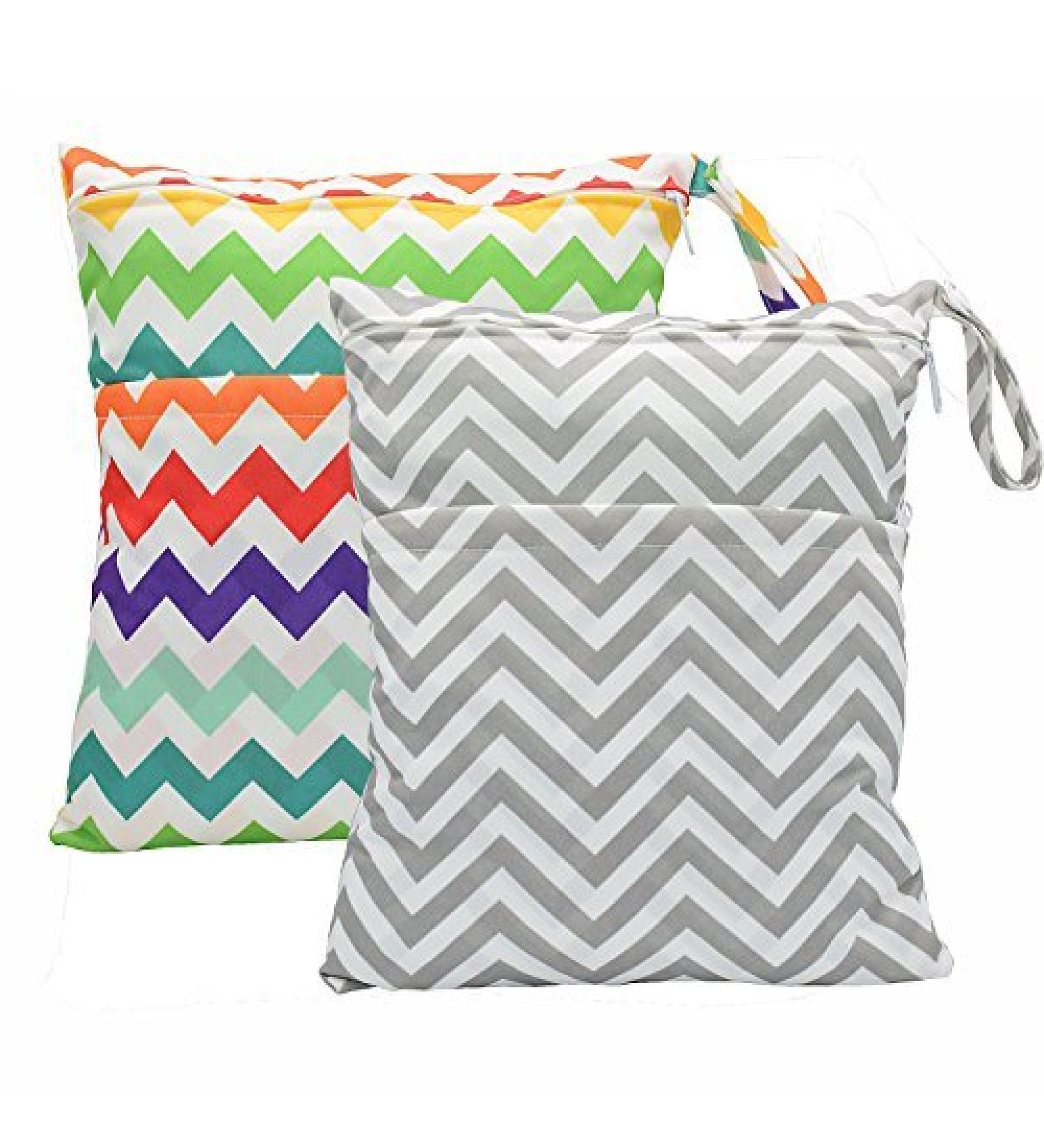 Baby Wet Bag Dry Bag Splice Cloth Diaper Wet Bags Waterproof Small Size with Zipper Snap Handle Pack of 2 (Chevron Rainbow and Grey)