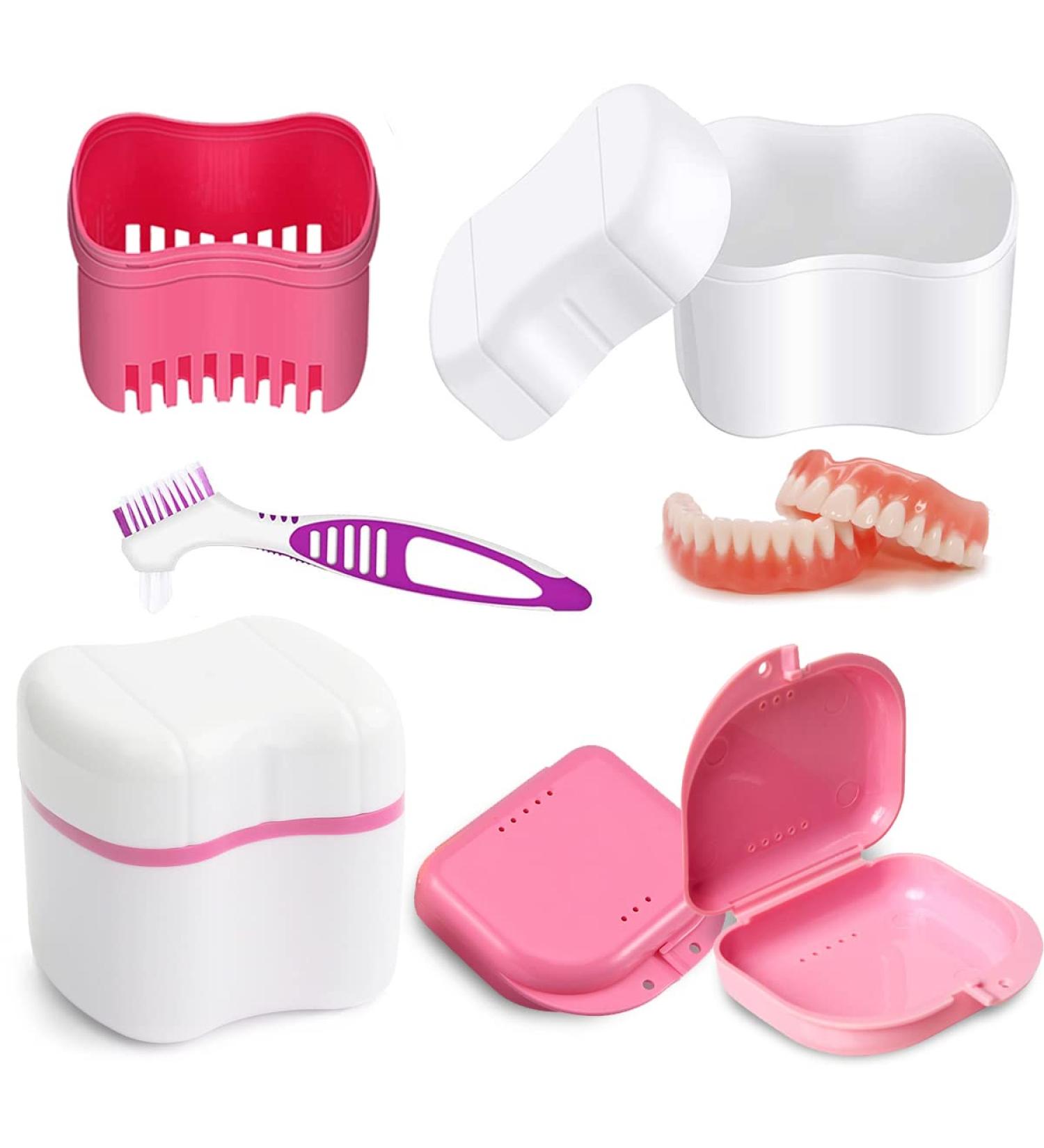Buy Hongecb Denture Box & Prosthesis Container - Ideal for False Teeth Storage & Cleaning | Includes Sieve & Cleaner Brushes - Pink - Buy Online on GoSupps.com