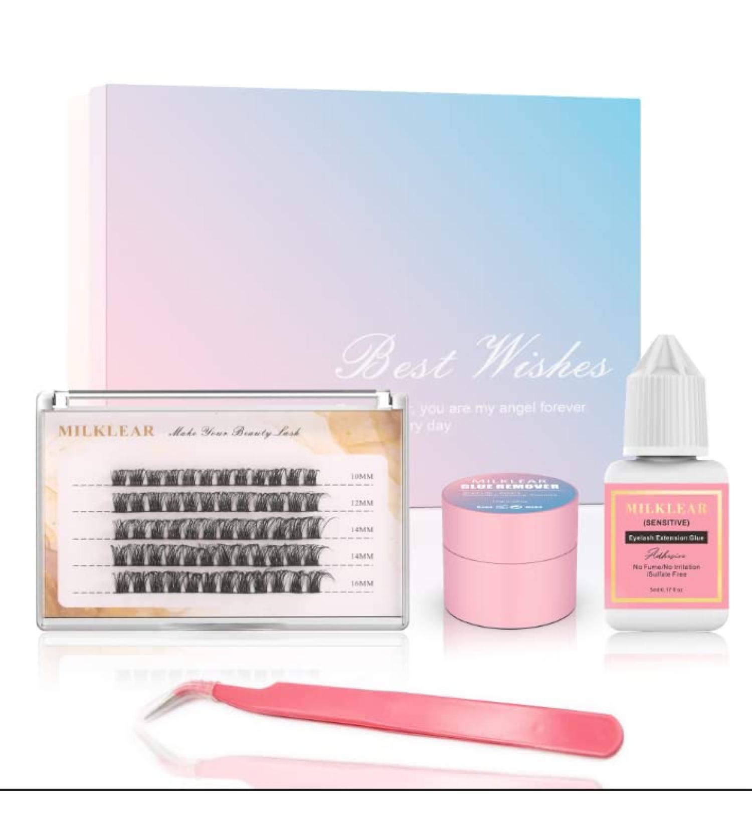 Milklear DIY Lash Extension Kit - Long Lasting 2-3 Weeks - Cluster Lashes, Sensitive Glue, Tweezers & Remover - Buy Online on GoSupps.com