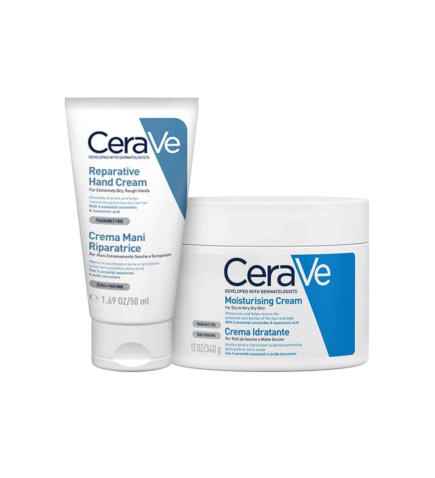 CeraVe Body and Hand Kit: Moisturizing Face and Body Cream for Dry Skin with Hyaluronic Acid 340g + Repairing Hand Cream for Cracked Hands with Hyaluronic Acid and Niacinamide 50ml - Buy Online on GoSupps.com