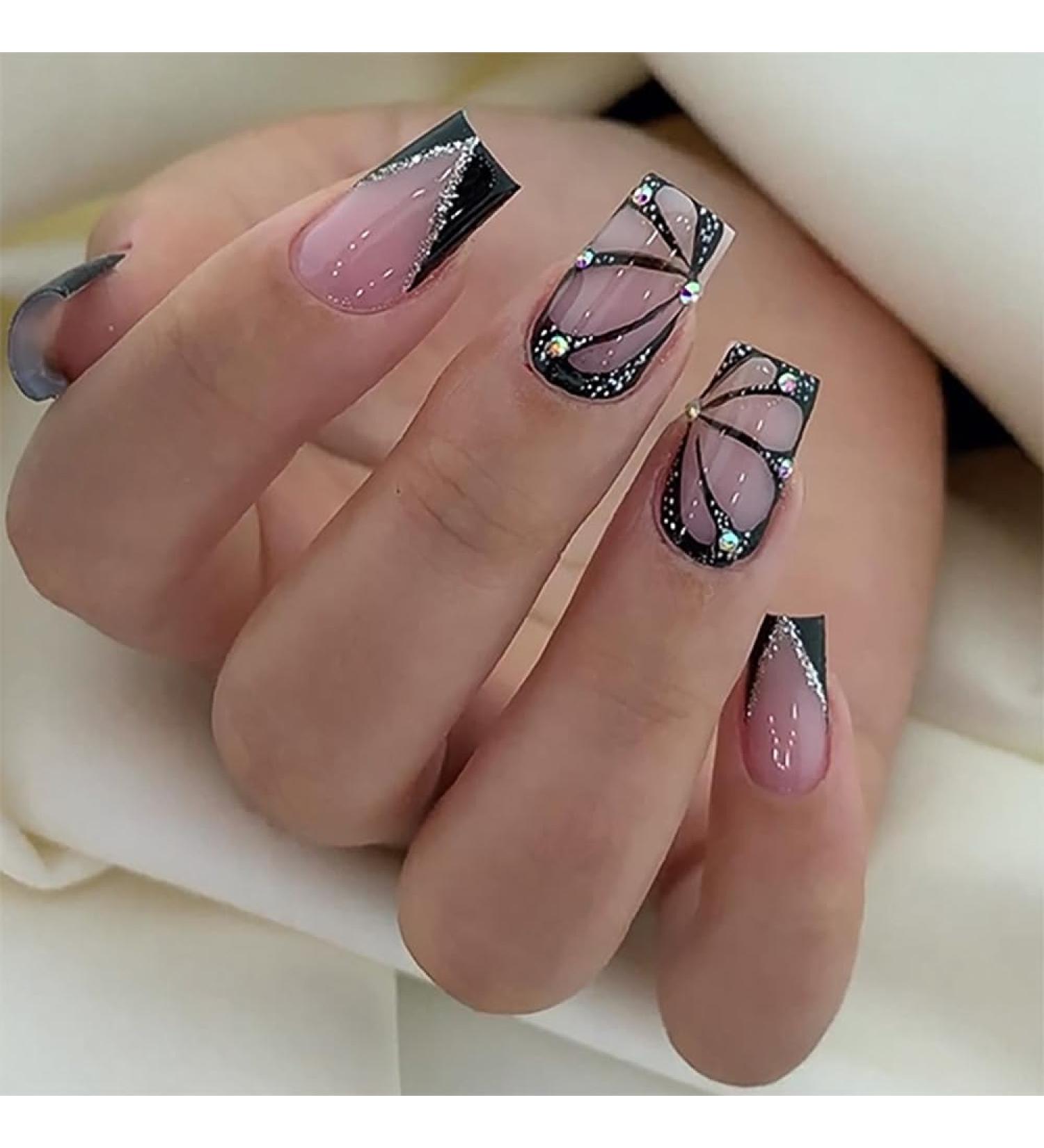 Buy Black Press on Nails - Short Medium Square French Tip with Butterfly Glitter & Rhinestones | 26 Piece Wedding Set - Acrylic Glue-On Nails for Women - Buy Online on GoSupps.com