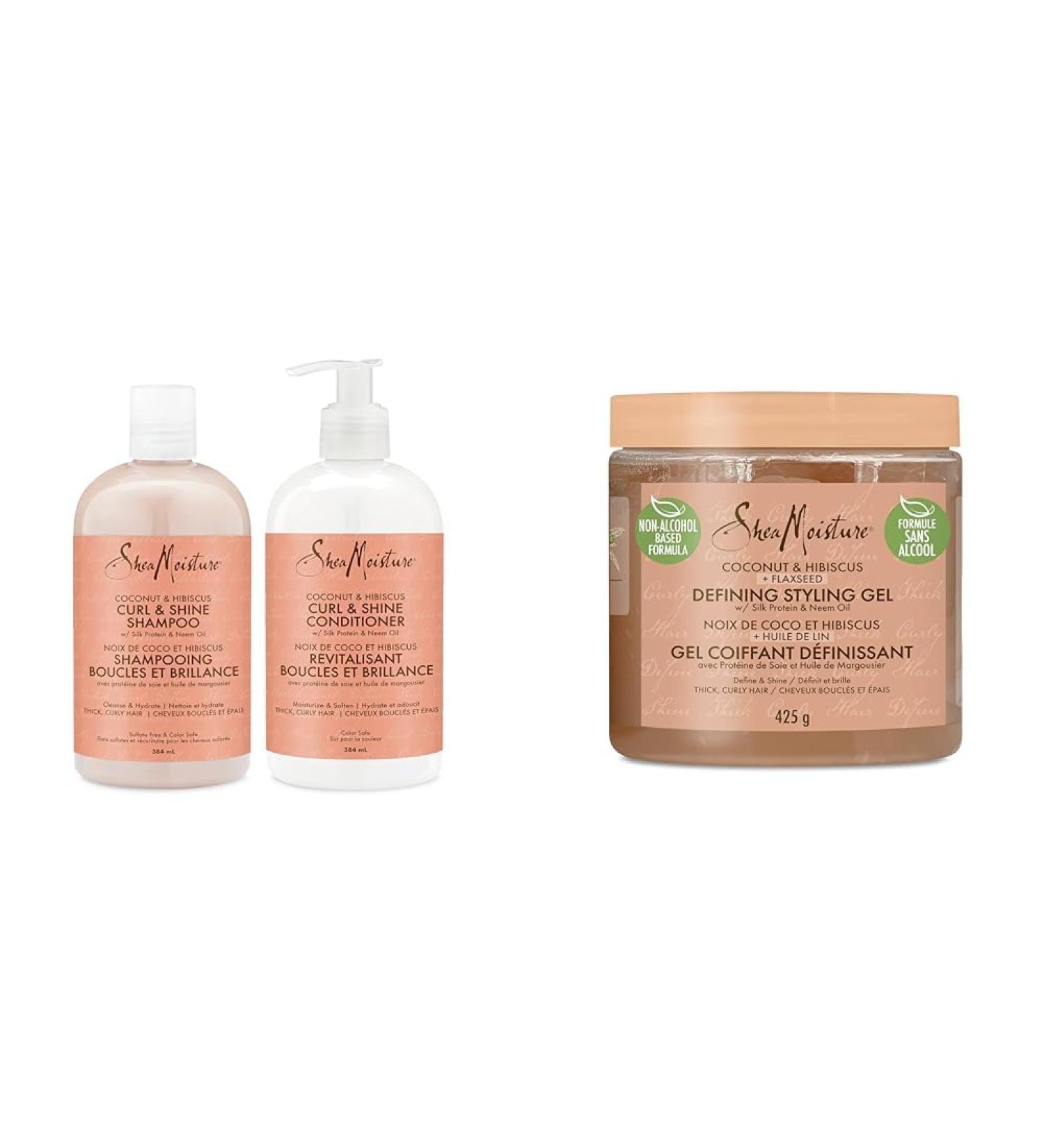 Shea Moisture Coconut & Hibiscus Curl & Shine Gift Set with Shampoo & Conditioner for Thick Curly Hair 384 ml (Pack of 2) & Coconut & Hibiscus Defining Hair Styling Gel with Flaxseed 425 g - Buy Online on GoSupps.com