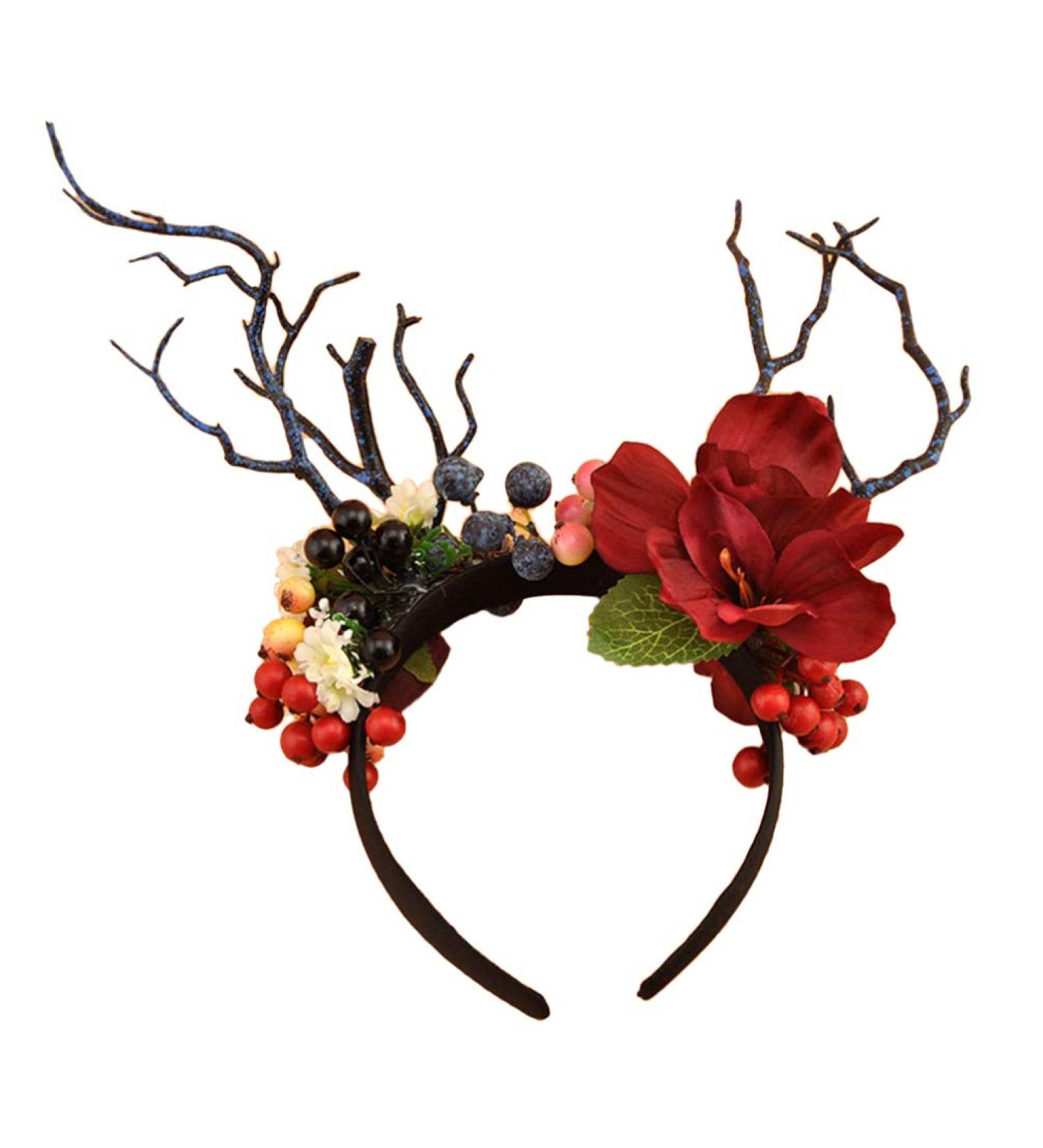 Antler Horn Headband - Christmas Reindeer Hairband with Berry & Tree Branches | Festive Holiday Headwear - Buy Online on GoSupps.com