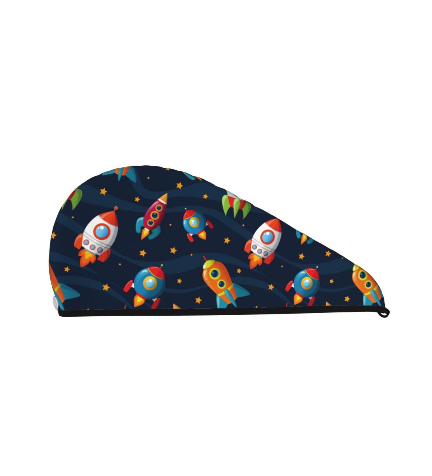 Hair Towel Wrap with Button - Quick Drying Towel Turban for Effortless Hair Drying (Spaceships and Stars - Buy Online on GoSupps.com