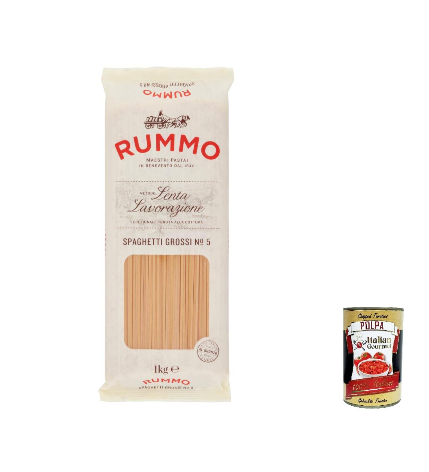  Italian Gourmet E.R. Rummo Spaghetti Grossi No. 5 Pack of 4 durum wheat semolina pasta 500g + Italian Gourmet Polpa di Pomodoro 400g - Buy Online on GoSupps.com