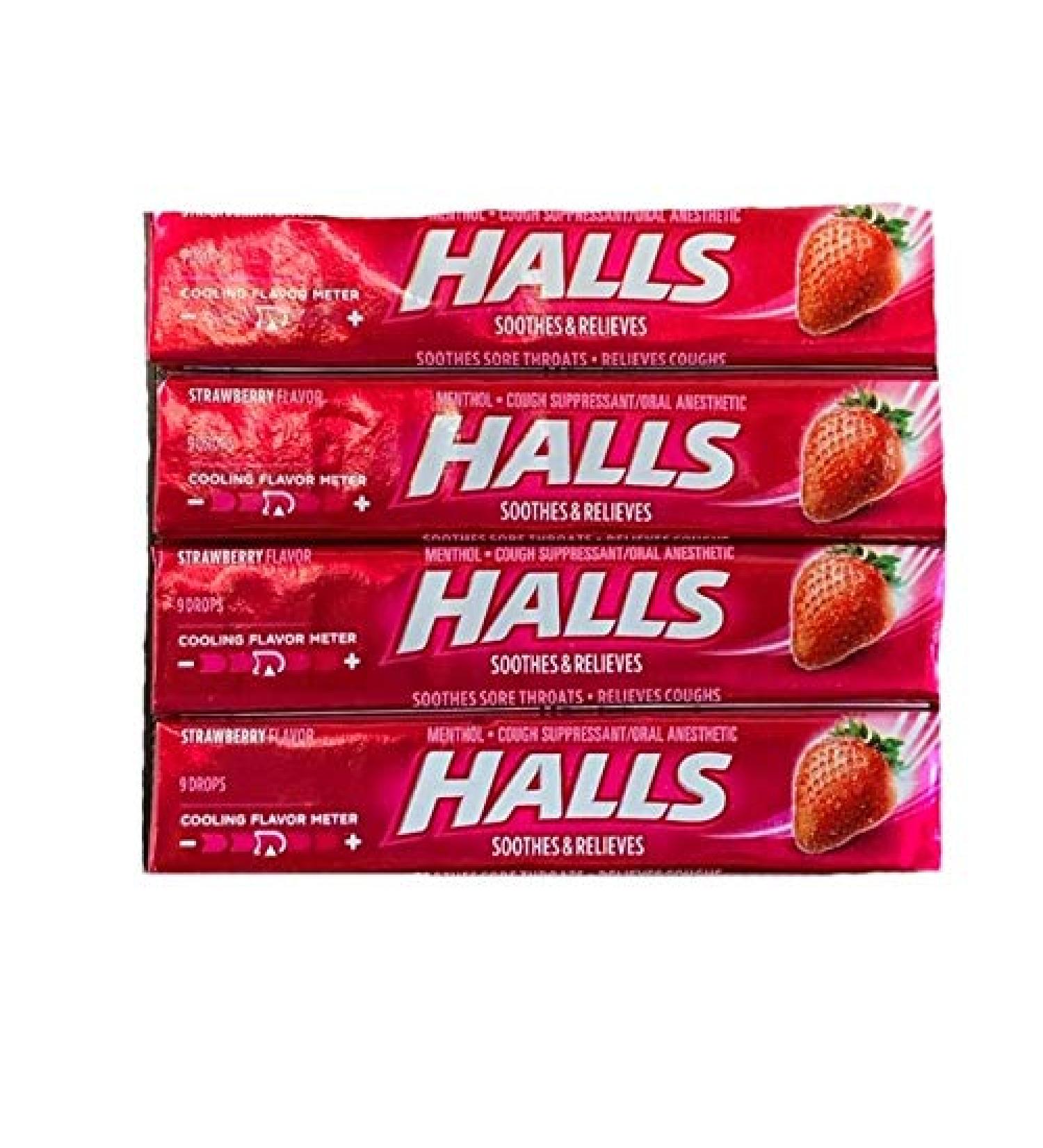 Halls Triple Action Soothing Drops | Strawberry Flavor Cough Drops | Menthol Cough Suppressant and Oral Anesthetic | 9 Drop Sleeves | Pack of 4 Sleeves