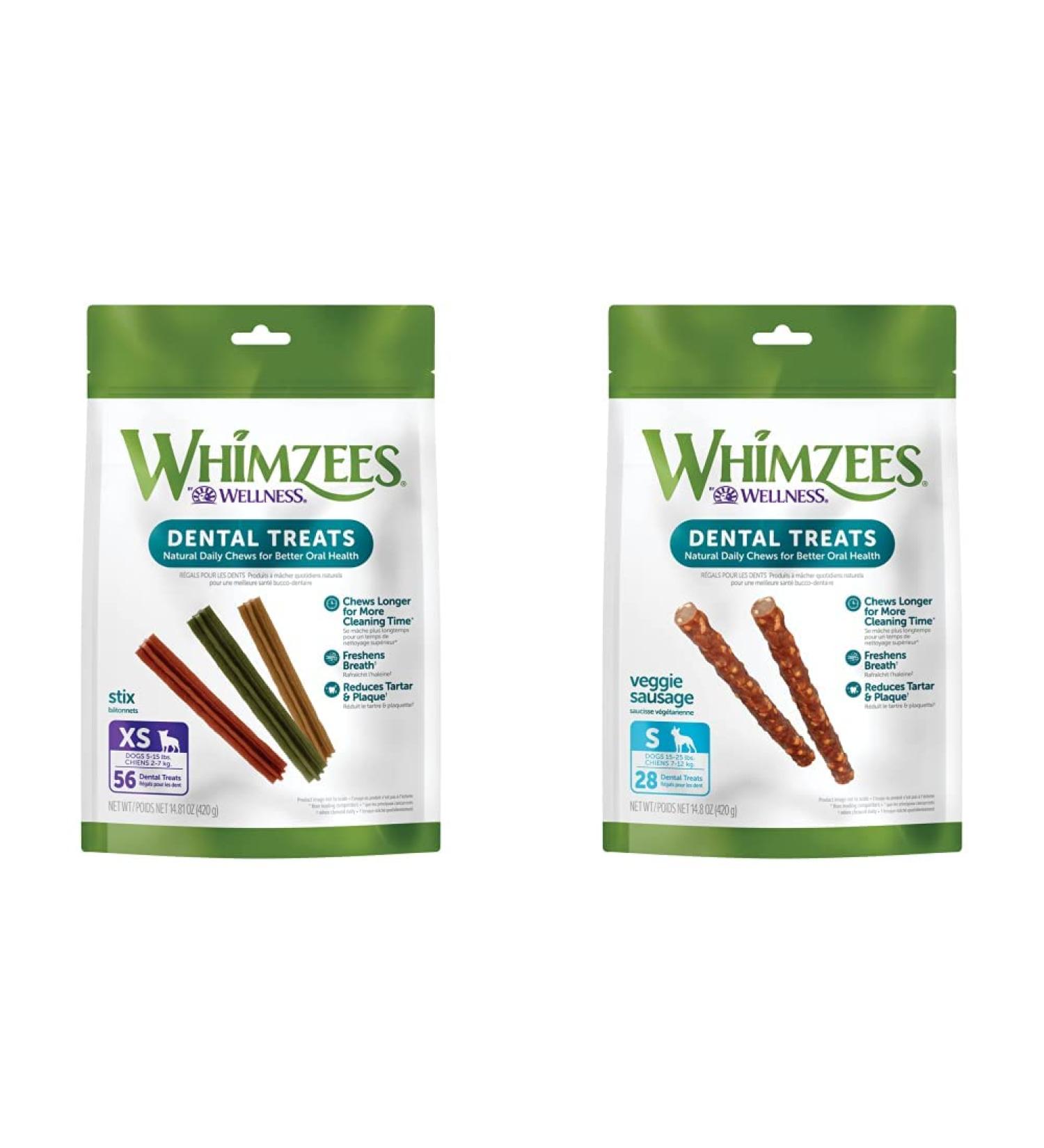 Whimzees Natural Grain Free Daily Dental Long Lasting Dog Treats | Stix (Extra Small Bag of 56) + Veggie Sausage (Small Bag of 28) - Buy Online on GoSupps.com