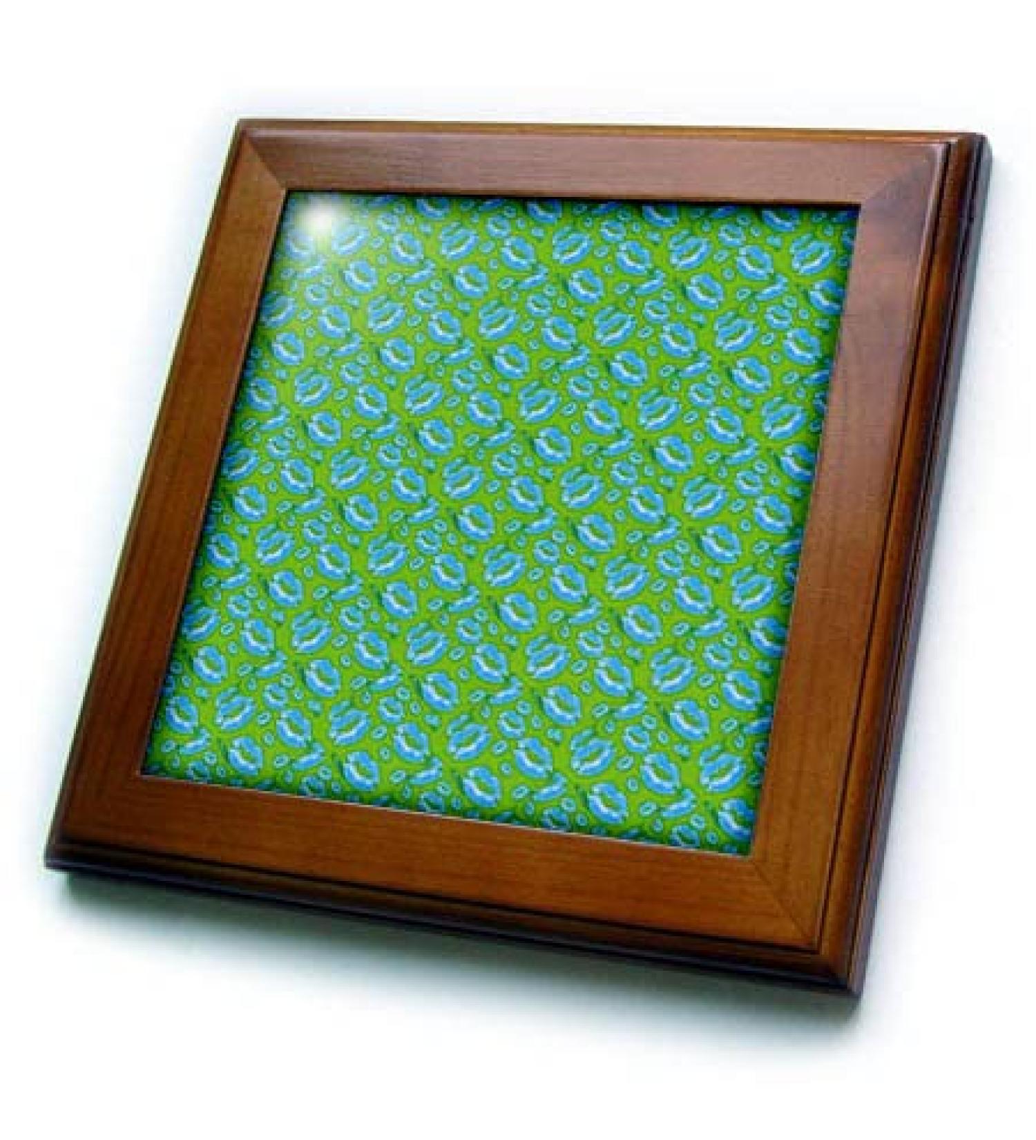 3dRose 8x8 Framed Tile - Two Kisses Collided Lip Boyish Blue Lips Pattern Pattern - Lipstick Kisses