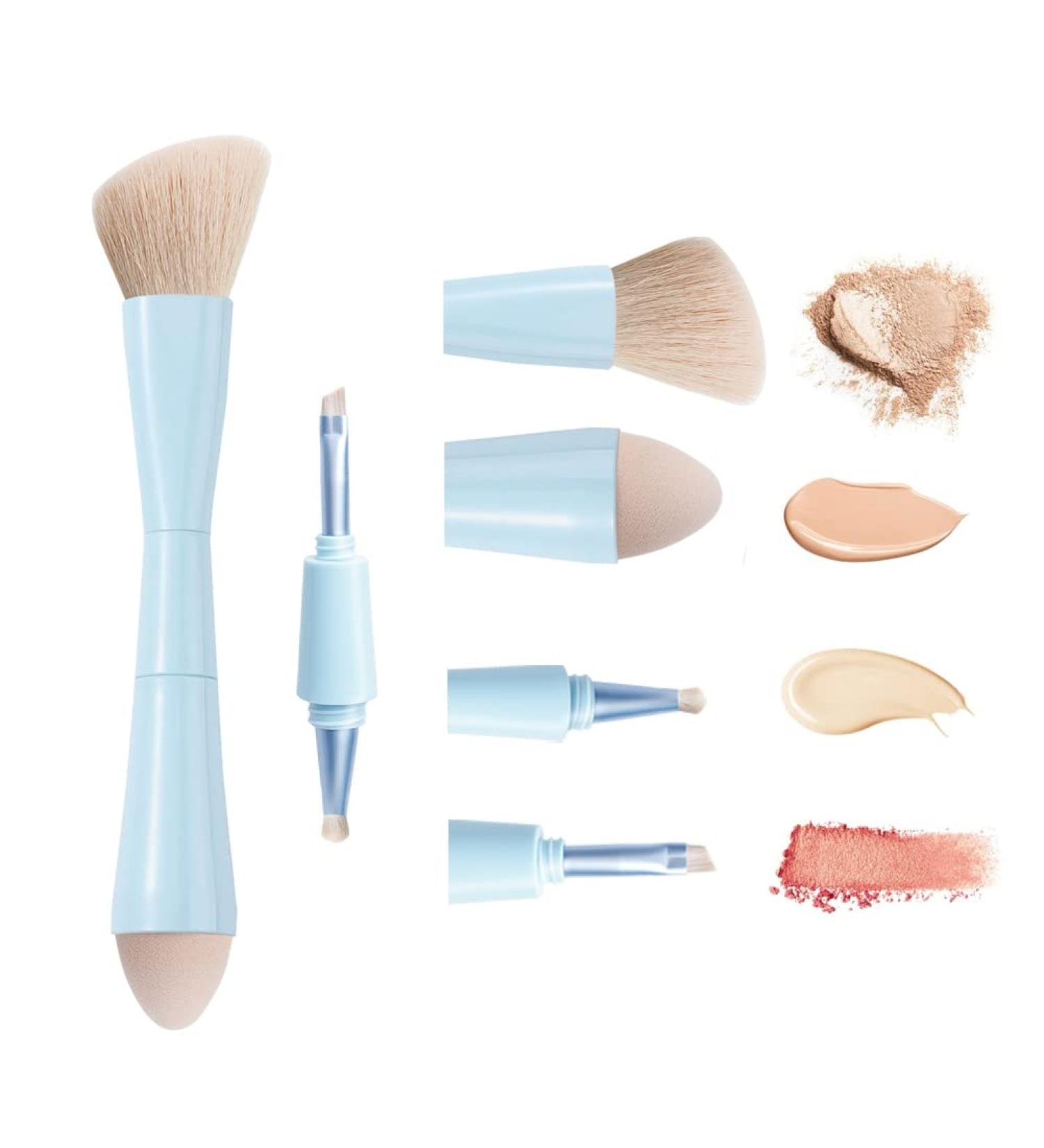 Portable 4-in-1 Aoowu Makeup Brush Set - Double-Sided Cosmetic Brushes for Concealer Eyeshadow Rouge & Foundation - Blue - Buy Online on GoSupps.com