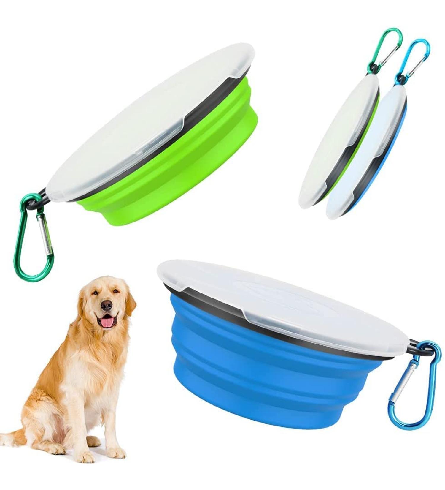 Buy XL Green Blue Foldable Travel Dog Bowls - 2 Pack with Lids & Hooks | Portable Silicone Feeding Bowls for Dogs & Cats - Perfect for Hiking & Camping - Buy Online on GoSupps.com