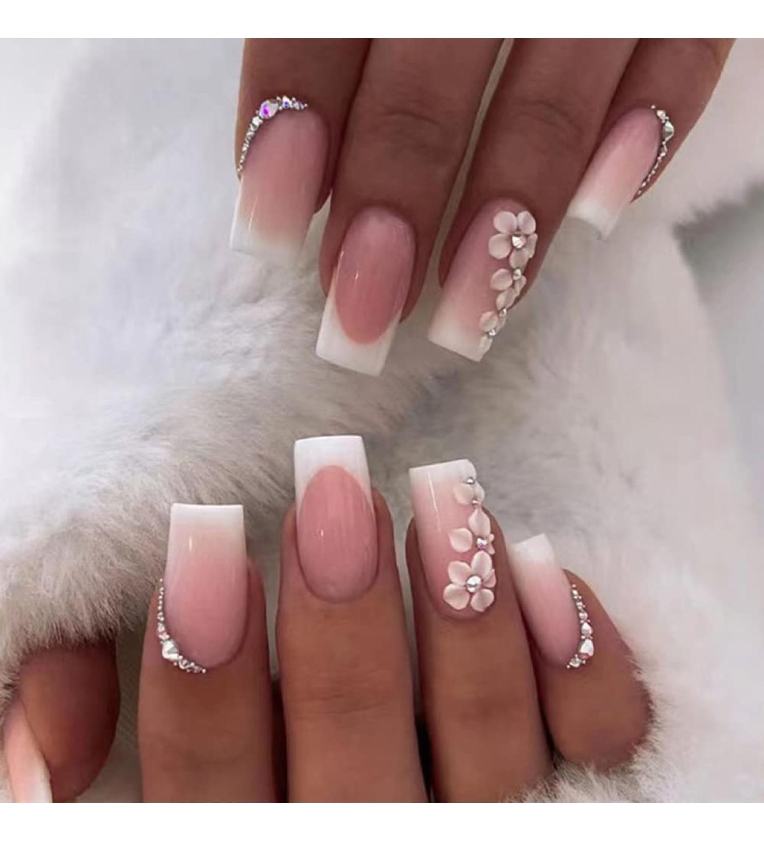24 Pcs Pink French Tip Press On Nails with White Flower Design - Medium Square Acrylic Fake Nails with Diamonds for Women/Girls - Manicure Set - Buy Online on GoSupps.com