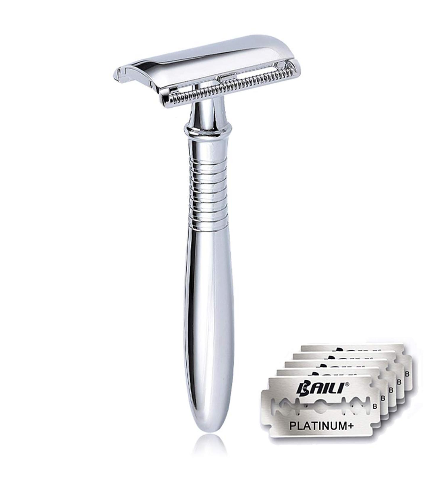 BAILI Classic 3-Piece Metal Double Edge Safety Razor Kit with 5 Platinum Blades - Silver - Buy Online on GoSupps.com