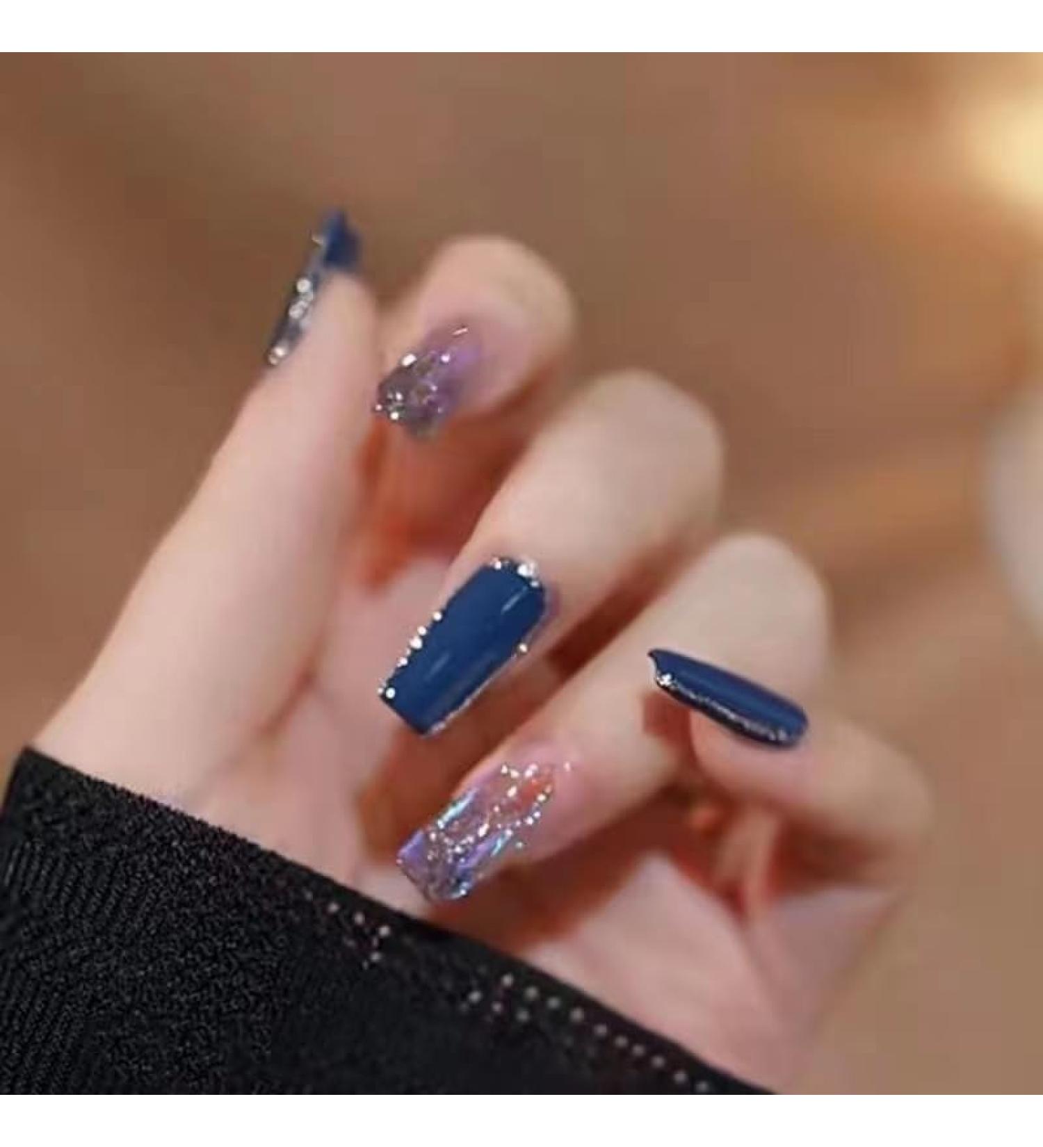24Pcs/Set Press On Nails New Glass Blue Diamond Sparkling Aurora Diamond Patch False Nails Acrylic Fake Nails Full Cover Nails Tips Artificial Finger Manicure Press on nails for Women and Girls - Buy Online on GoSupps.com