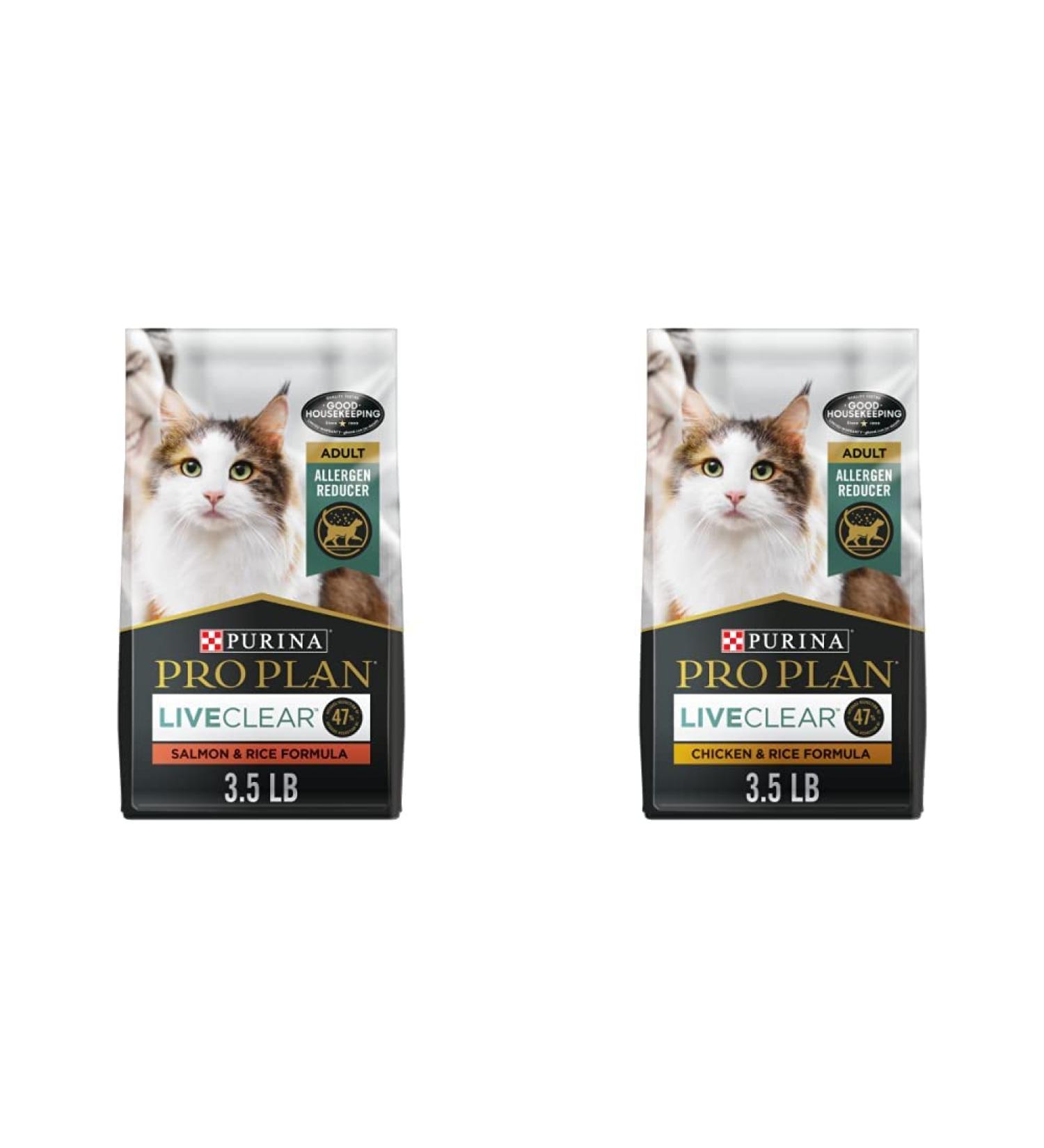 Purina Pro Plan LiveClear Allergen Reducing Dry Cat Food Salmon & Rice + Chicken & Rice (1.59kg) - Buy Online on GoSupps.com