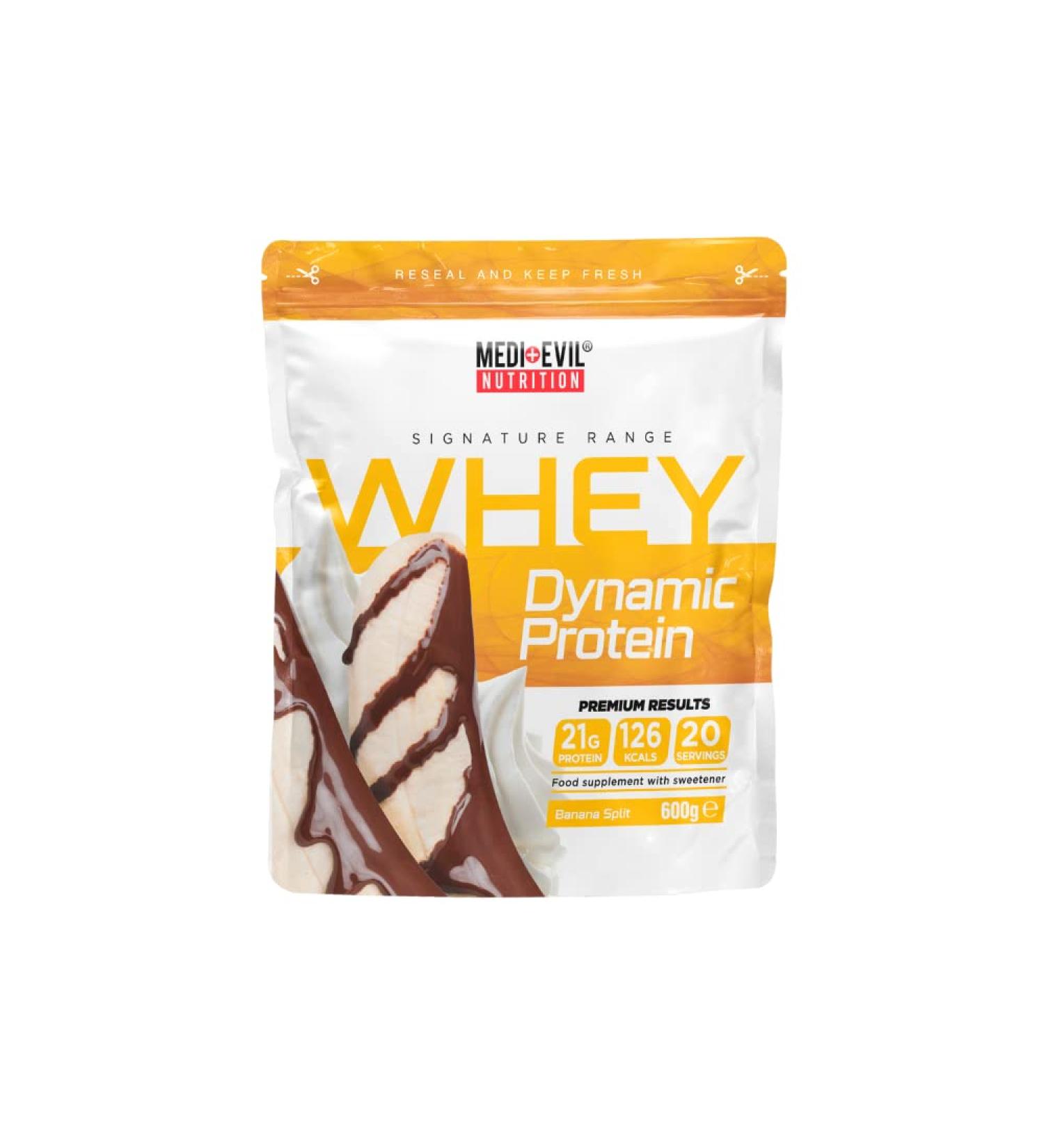 Medi-Evil Nutrition Whey Dynamic Protein Whey Protein Powder With Whey Protein Isolate and Natural BCAAs Banana Split Flavour 600g 20 Servings (Pack of 1) Banana Split 20 Servings (Pack of 1) - Buy Online on GoSupps.com