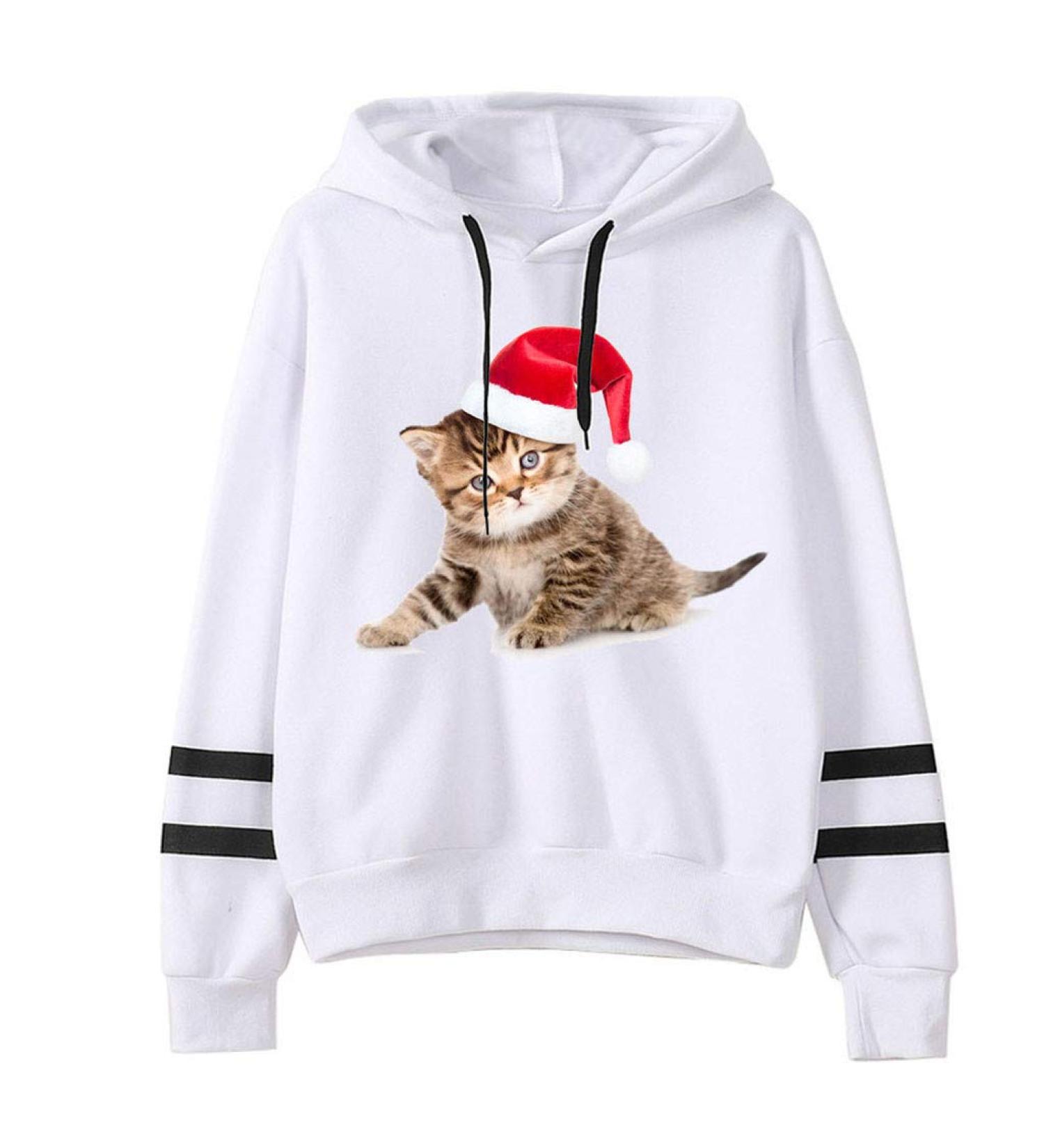 Bigfanshu Womans Sweaters Christmas Print Hooded Long Sleeves Sweatshirt Pullover Tops Shirt - Buy Online on GoSupps.com