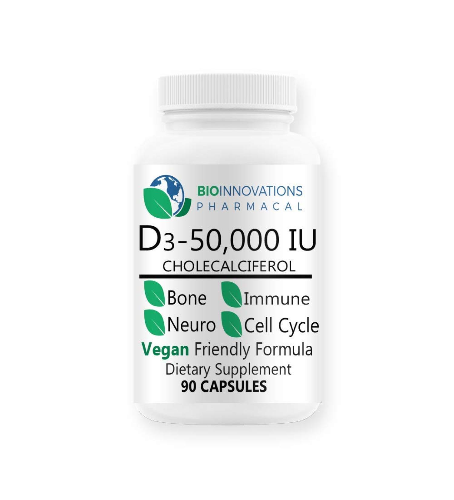 Bio-Innovations Pharmacal Vitamin D3-50,000 IU Cholecalciferol - Bone, Muscle, Cardio & Immune Support - 90 Vegan Capsules - Buy Online on GoSupps.com