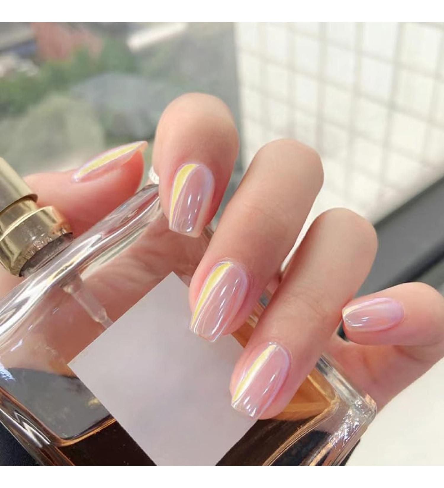 24pcs French False Nails Short - Almond Square Press on Nails - Full Cover Acrylic False Nails With Glue - French Fake Nails Stick on Nails for Women and Girls Nail Art (Aurora Nude)