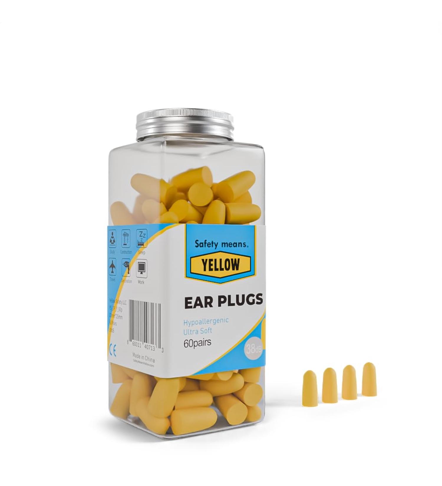 Yellow Earplugs - Noise Reduction for Sleeping Swimming Shooting & Concerts - 60 Pairs Available for International Shipping - Buy Online on GoSupps.com