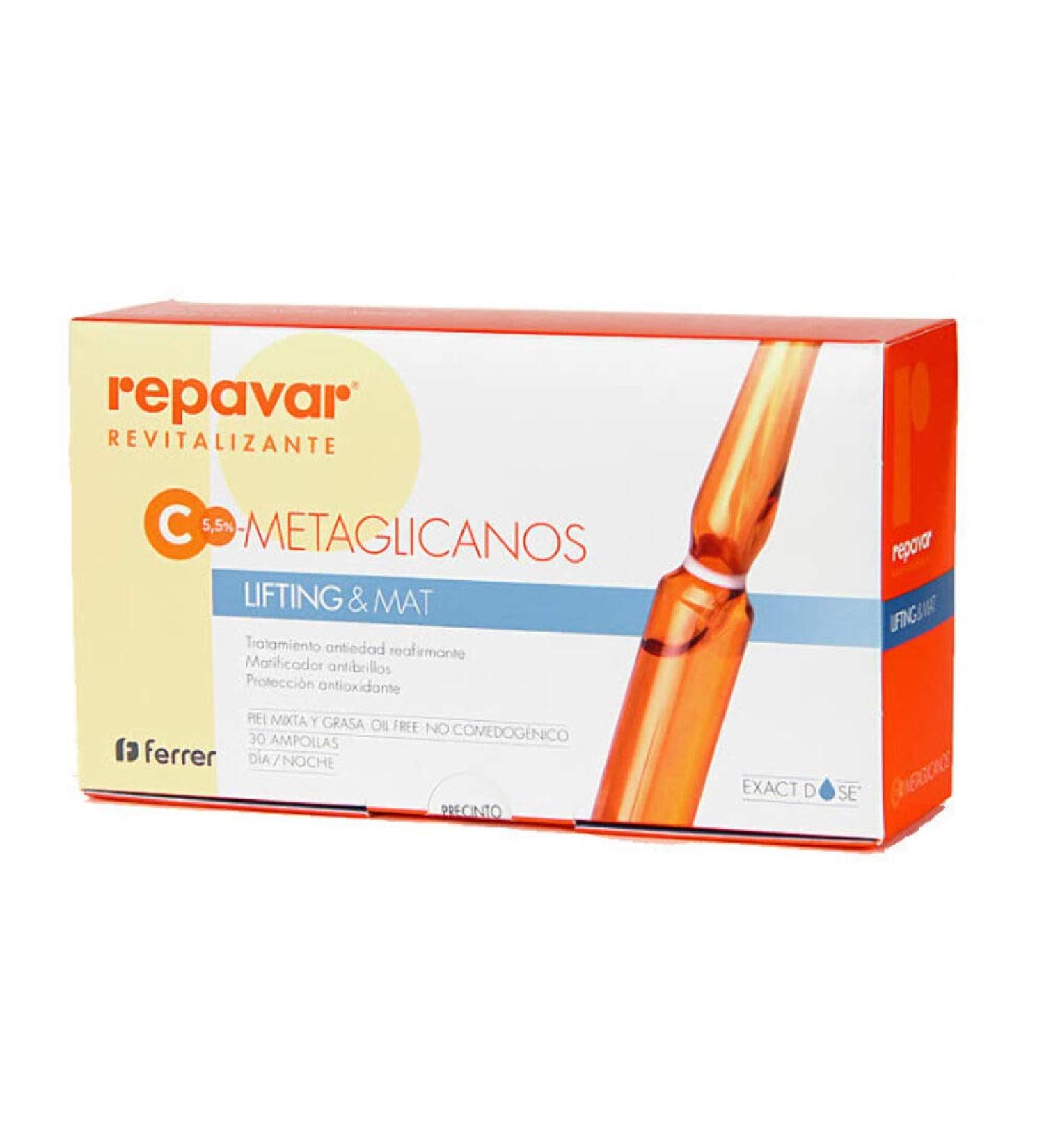 Repavar Revitalizing - Lifting & Matting Face Serum with Metaglycans - with Vitamin C - Antioxidant and Anti-aging Action - For Younger Firmer and Radiant Skin - 30 Ampoules of 1 ml