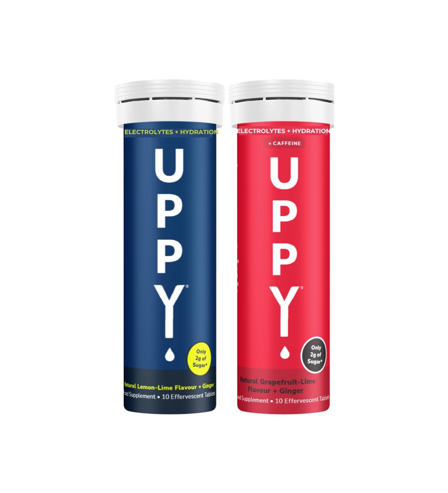 Uppy! Soluble Electrolyte Hydration Tablets Sampler Pack Original Lemon-Lime Plus Energizer Grapefruit-Lime-Caffeine for Travel Sports Party 20 Tablets (Pack of 2 x 10) Citrus with a hint of Ginger. Pack of 2 - Buy Online on GoSupps.com