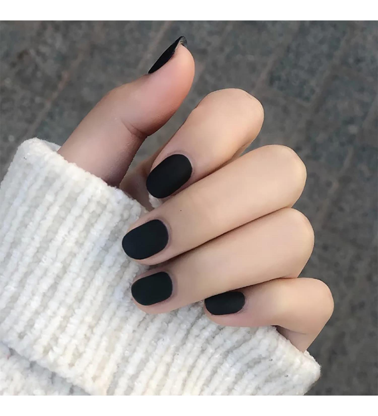 Matte Black Press on Nails - 24pcs Short False Nails with Glue and File for Women - Buy Online on GoSupps.com