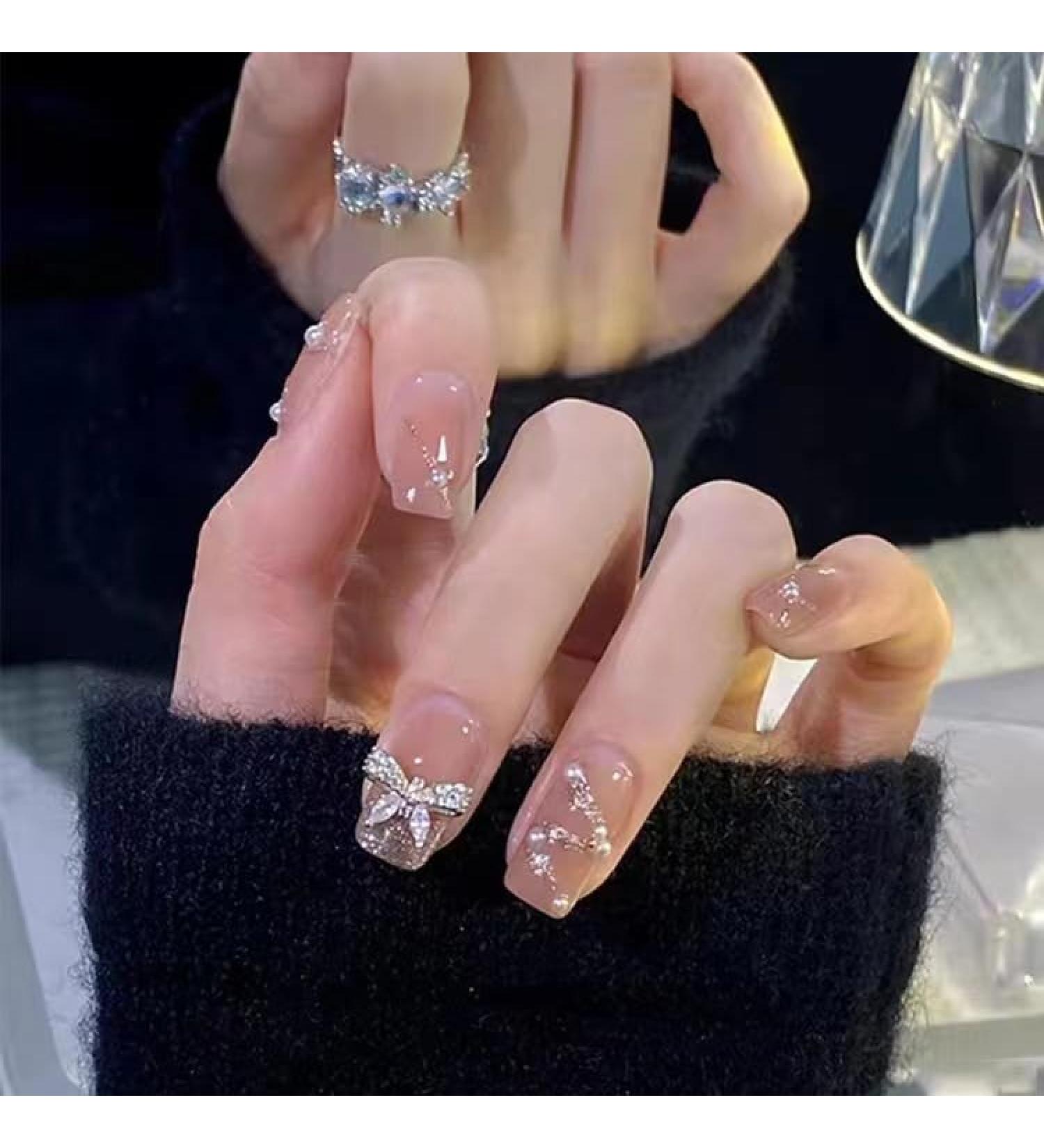 French Tip Press on Nails - Short Square Press On Nails with Nail Tips Light Luxury Sparkling Bow Glitter Rhinestones Design Glossy white press on nails Acrylic False Nails Cute Artificial Nails - Buy Online on GoSupps.com