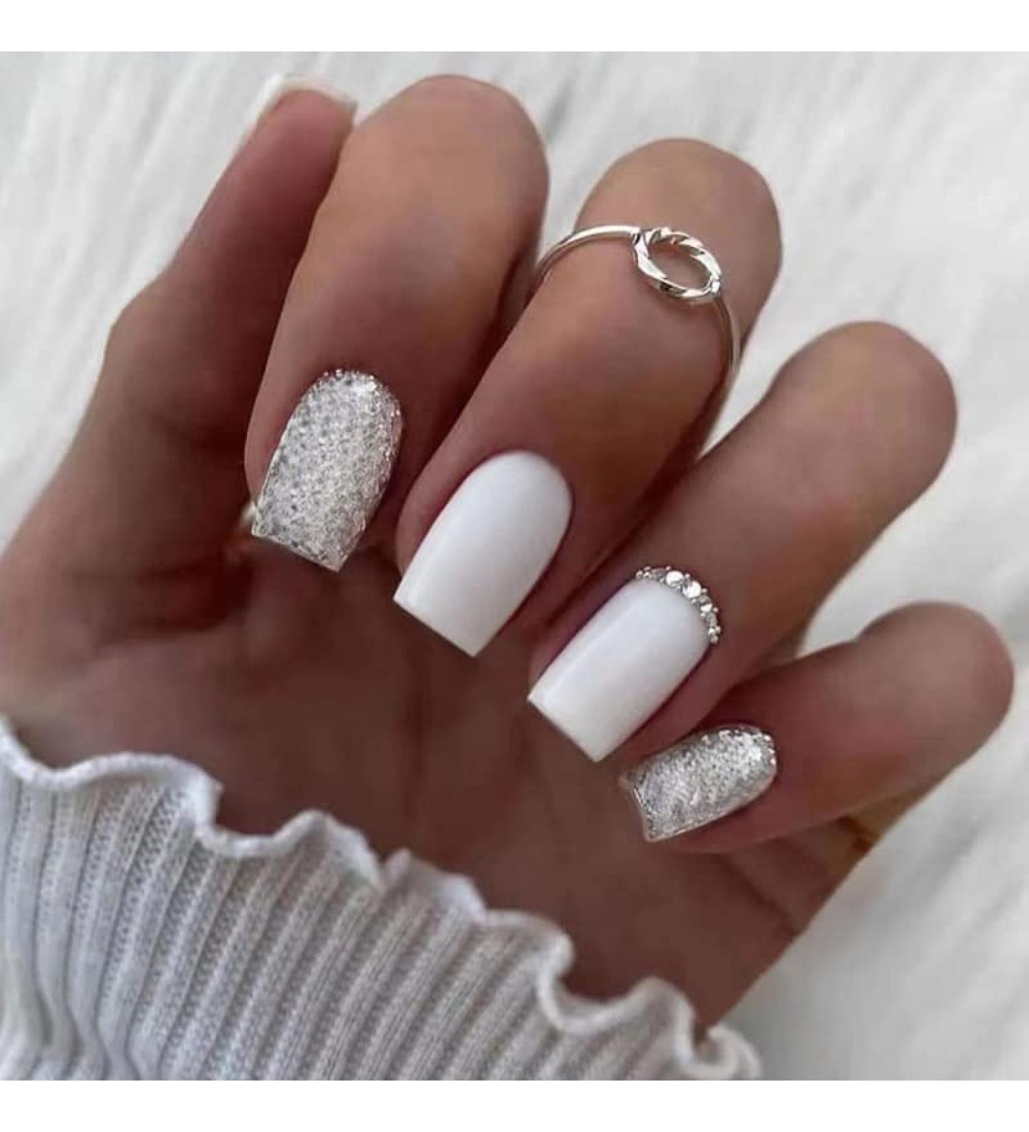 EALGA Opaque Milky White Press on Nails with Silver Glitter & Rhinestones - 24 pcs Short Square Art Nails in 12 Sizes - Buy Online on GoSupps.com
