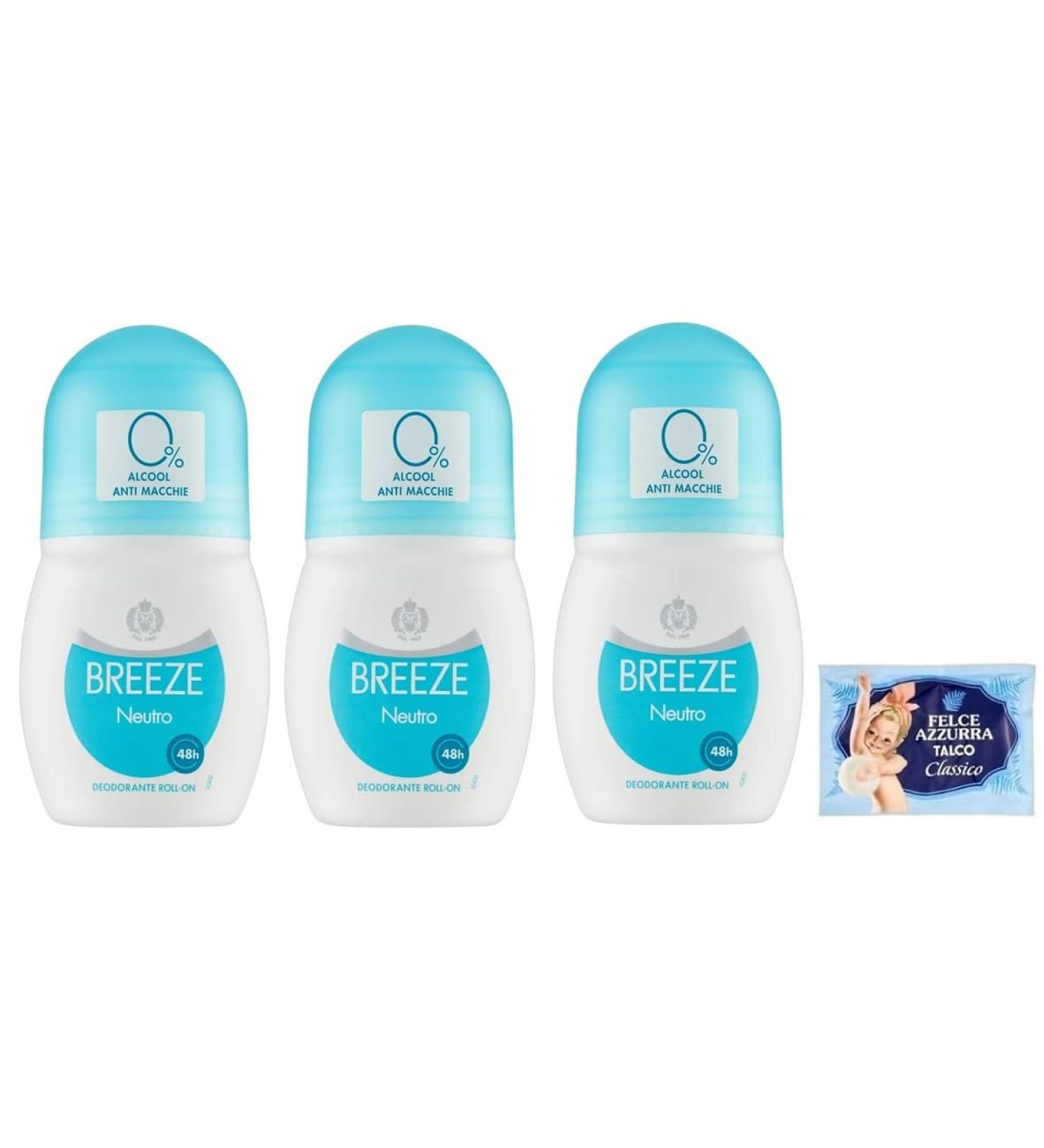  Felce Azzurra Pack of 3 Breeze Roll-On Neutral Air Fresheners 50ml + 1 free pack of Blue Fern Talcum Powder 100g envelope - Buy Online on GoSupps.com