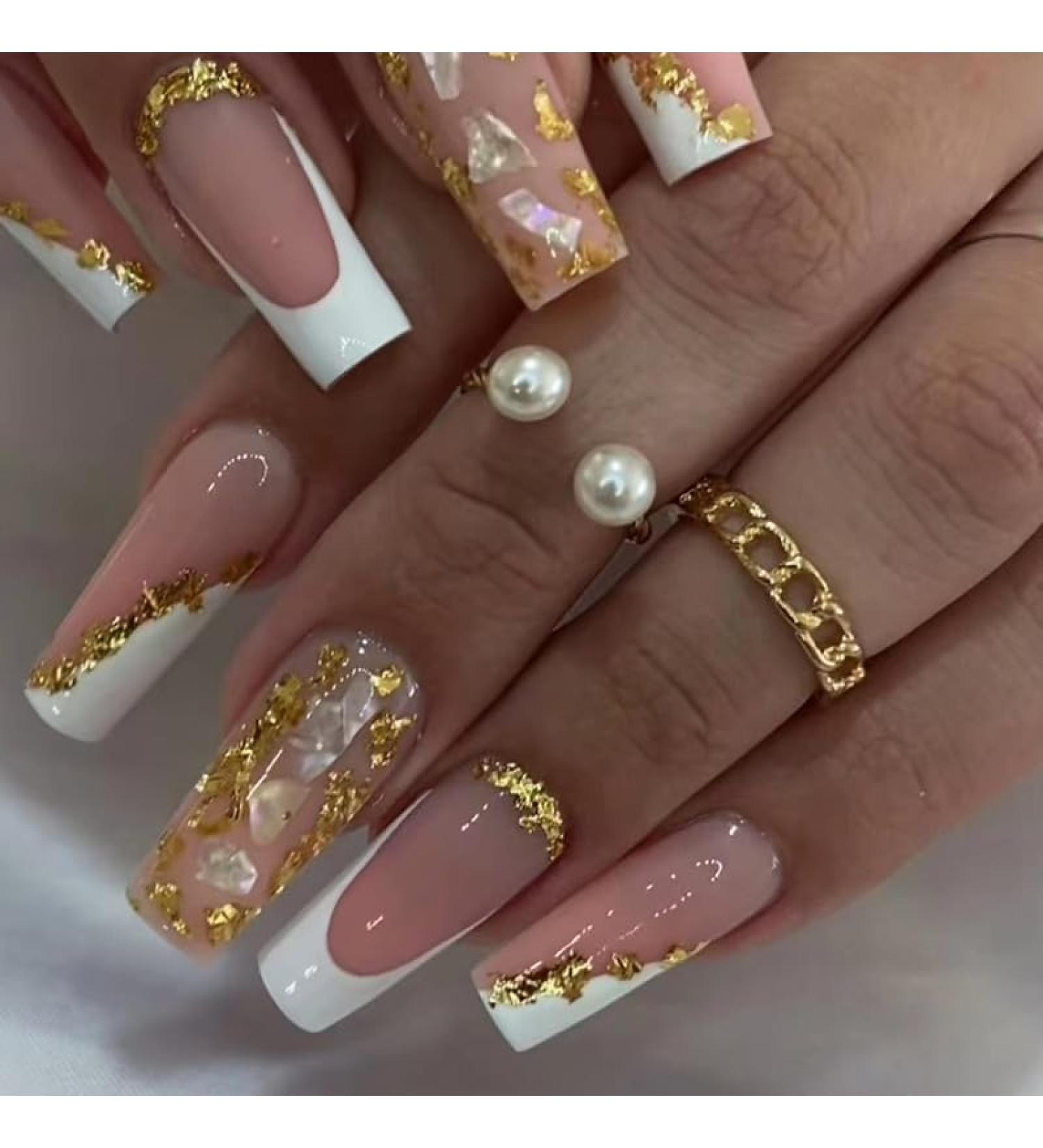 Medium Square Press on Nails - Gold Foil French Tip False Nails | 24 Pcs Stick on Glitter Acrylic Nails for Women & Manicure Art - Buy Online on GoSupps.com