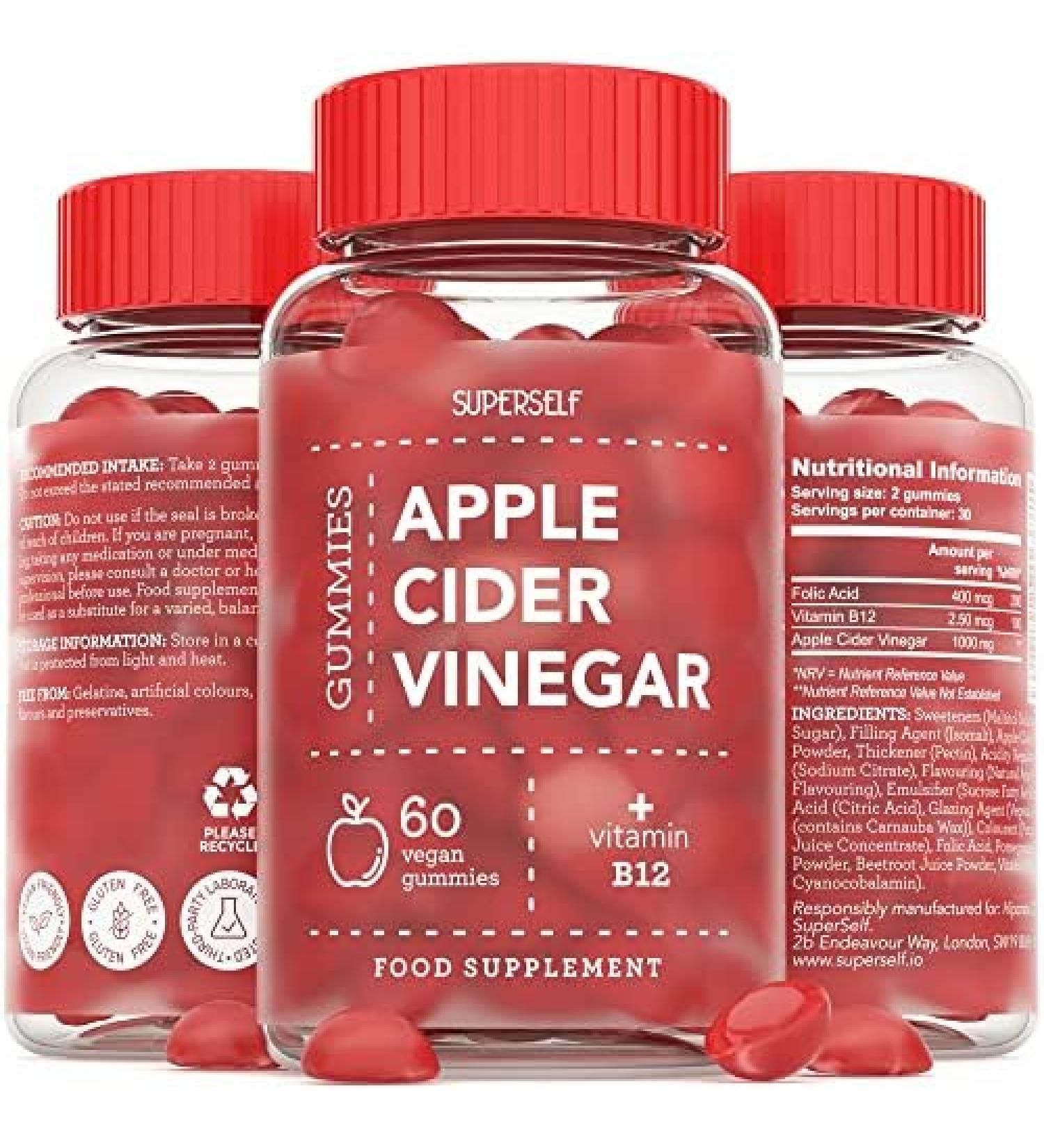 Apple Cider Vinegar Gummies 1000mg - High Strength Enhanced with Vitamin B12 Folic Acid & Natural Juices - 500mg per Apple Cider Vinegar Gummy - 60 Vegan ACV Gummies That Work Fast - Buy Online on GoSupps.com
