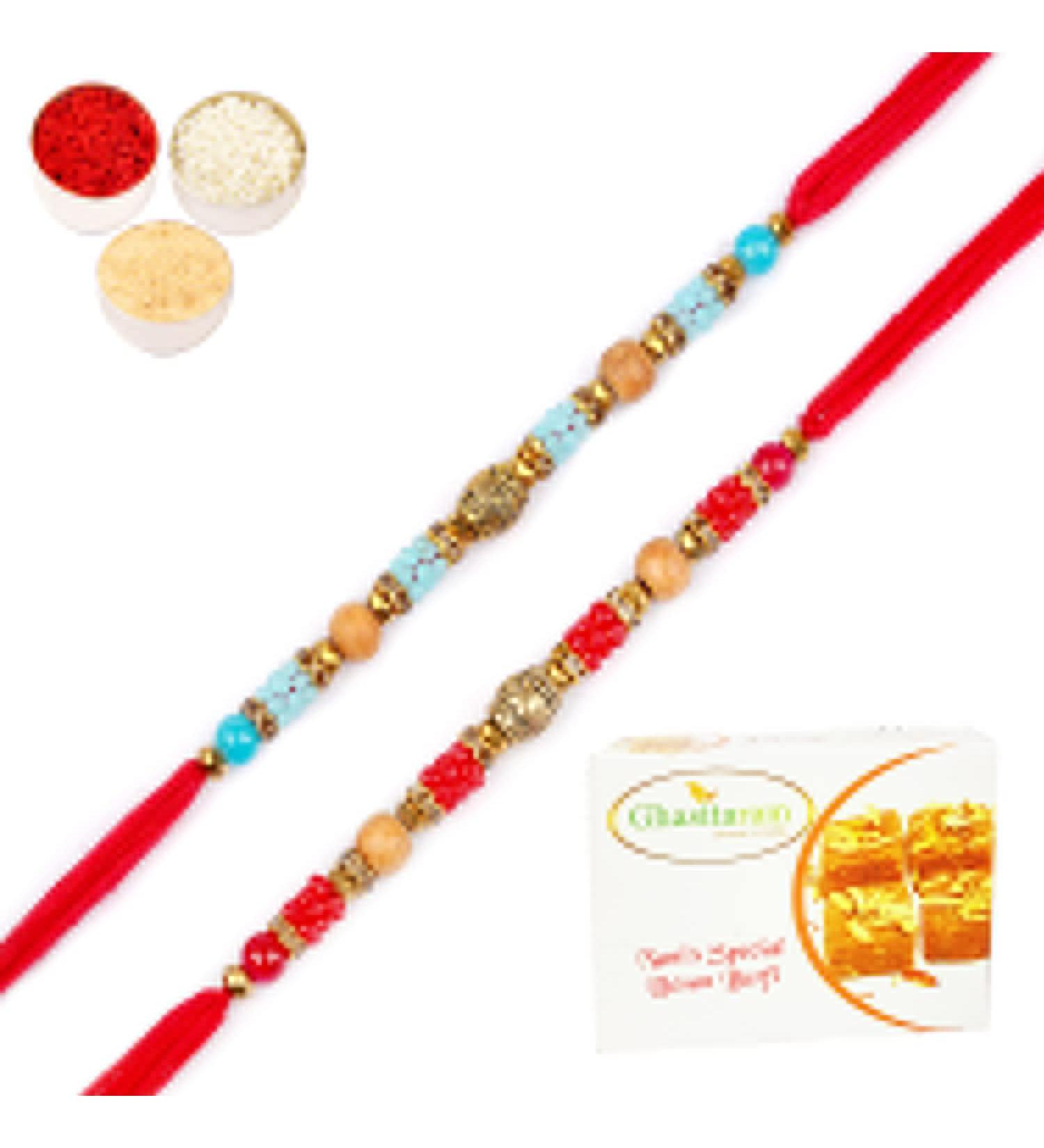 Ghasitaram Gifts Rakhi for Brother Rakhis Online - Set of 2-7090A Rakhis with 200 GMS of Besan Barfi Rakhi Set with 200 gms of Besan Barfi - Buy Online on GoSupps.com
