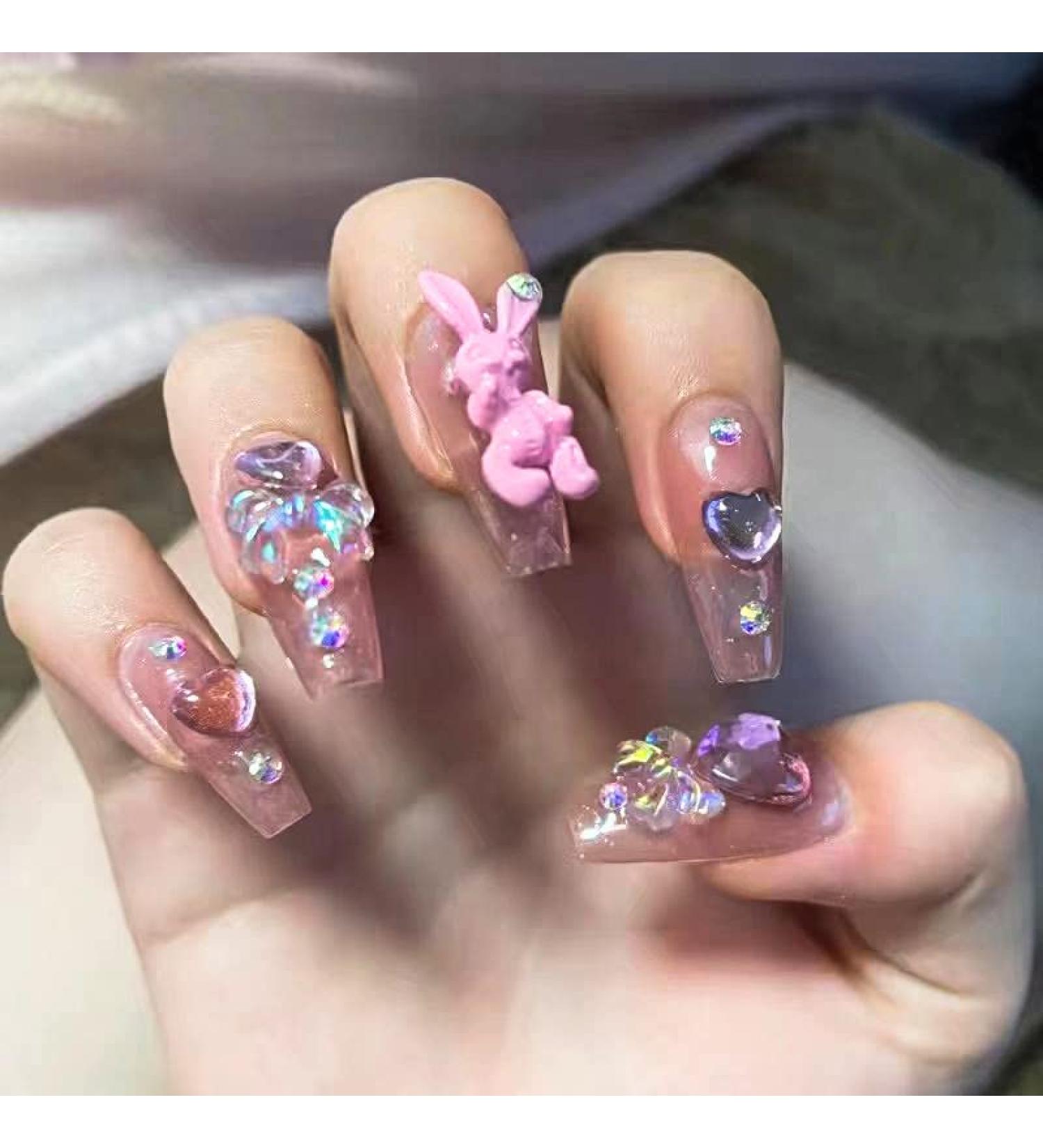 24pcs Long Coffin Acrylic Stick on Nails - Nude Pink Black Design with Glue Sticker | Fashion Fake Nails for Women and Girls - Rabbit Theme - Buy Online on GoSupps.com