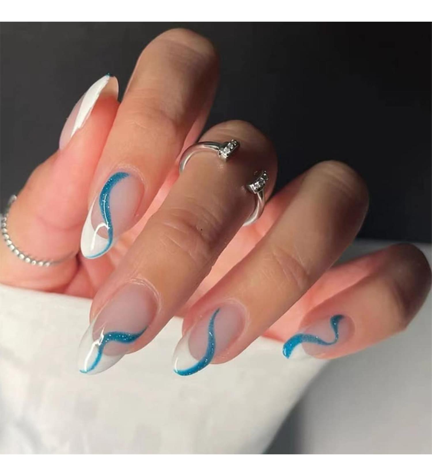 Sethexy Swirl Artificial French Nails | 24 Shiny Blue Acrylic Stick-On Nails for Women & Girls - Buy Online on GoSupps.com