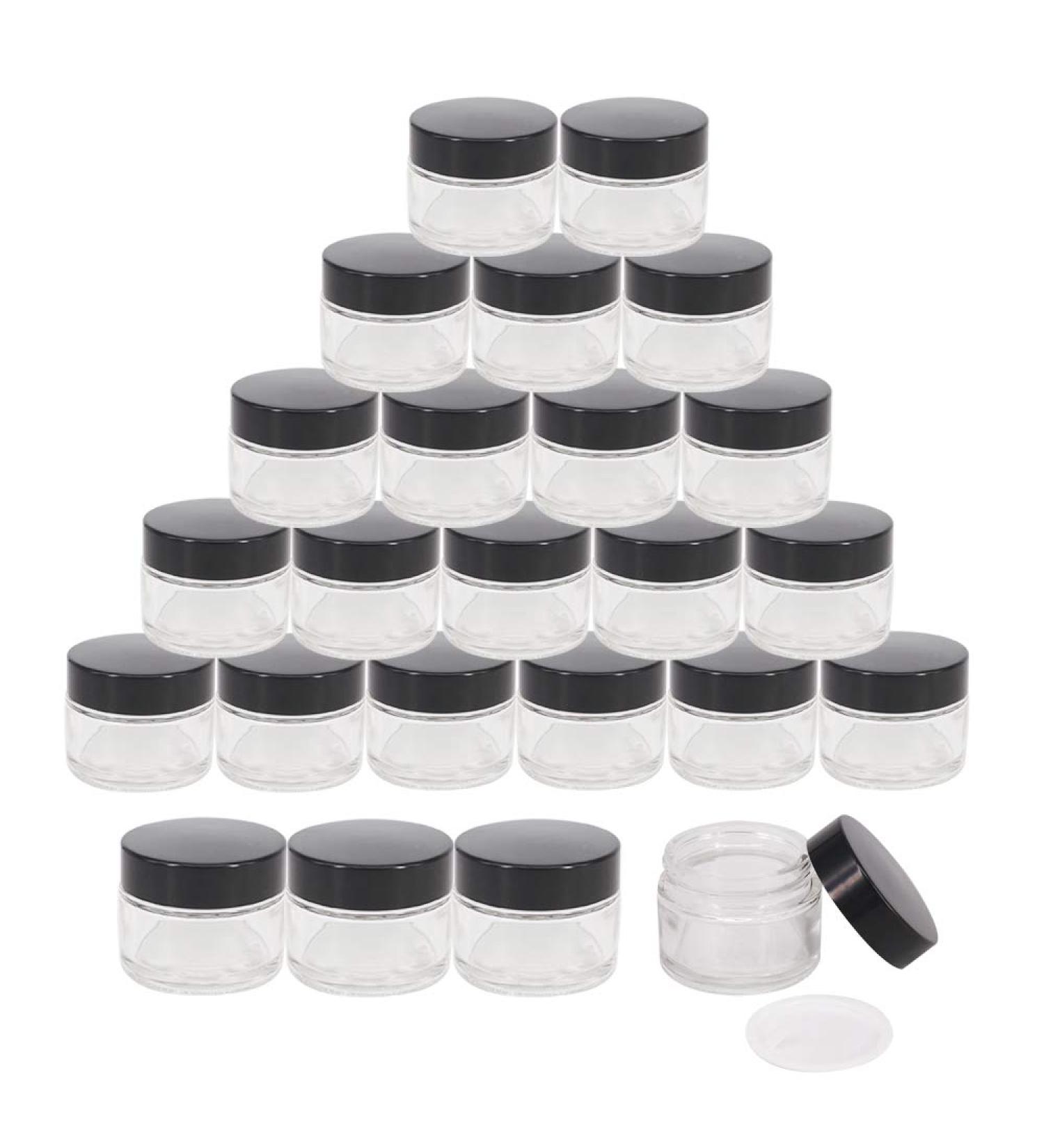 BPFY 24 Pack 2 oz Round Clear Glass Cosmetic Jars with Inner Liners and Black Lids Travel Jars Refillable Containers for Makeup Cream Lotion Sugar Scrubs Eye Shadow Slime Paint Jewelry 2oz Clear - Buy Online on GoSupps.com