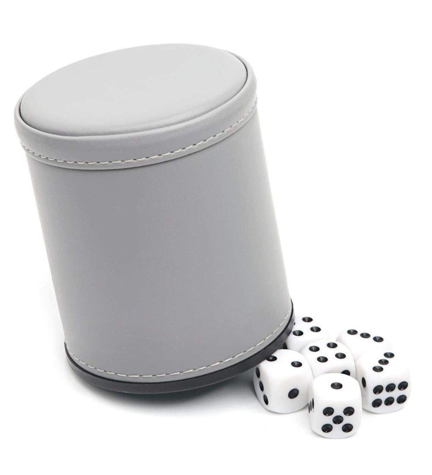 Felt Lined PU Leather Dice Cup with 6 Dice - Gray | Quiet Shaker for Yahtzee Game - Buy Online on GoSupps.com