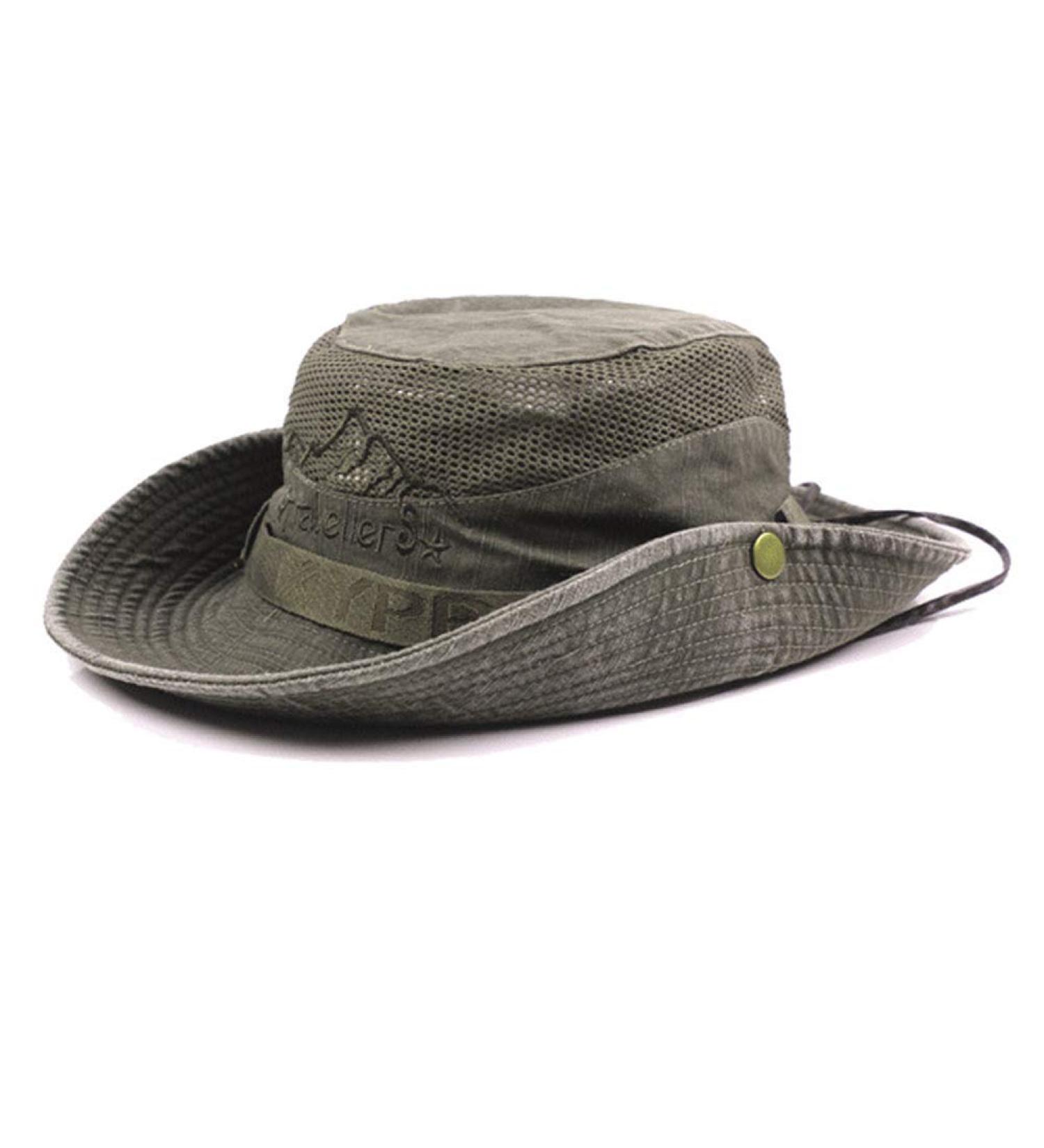 Mens Cotton Embossed Wide Brim Hat | Foldable Jungle & Fisherman Hat for Fishing & Hiking - Army Green - Buy Online on GoSupps.com