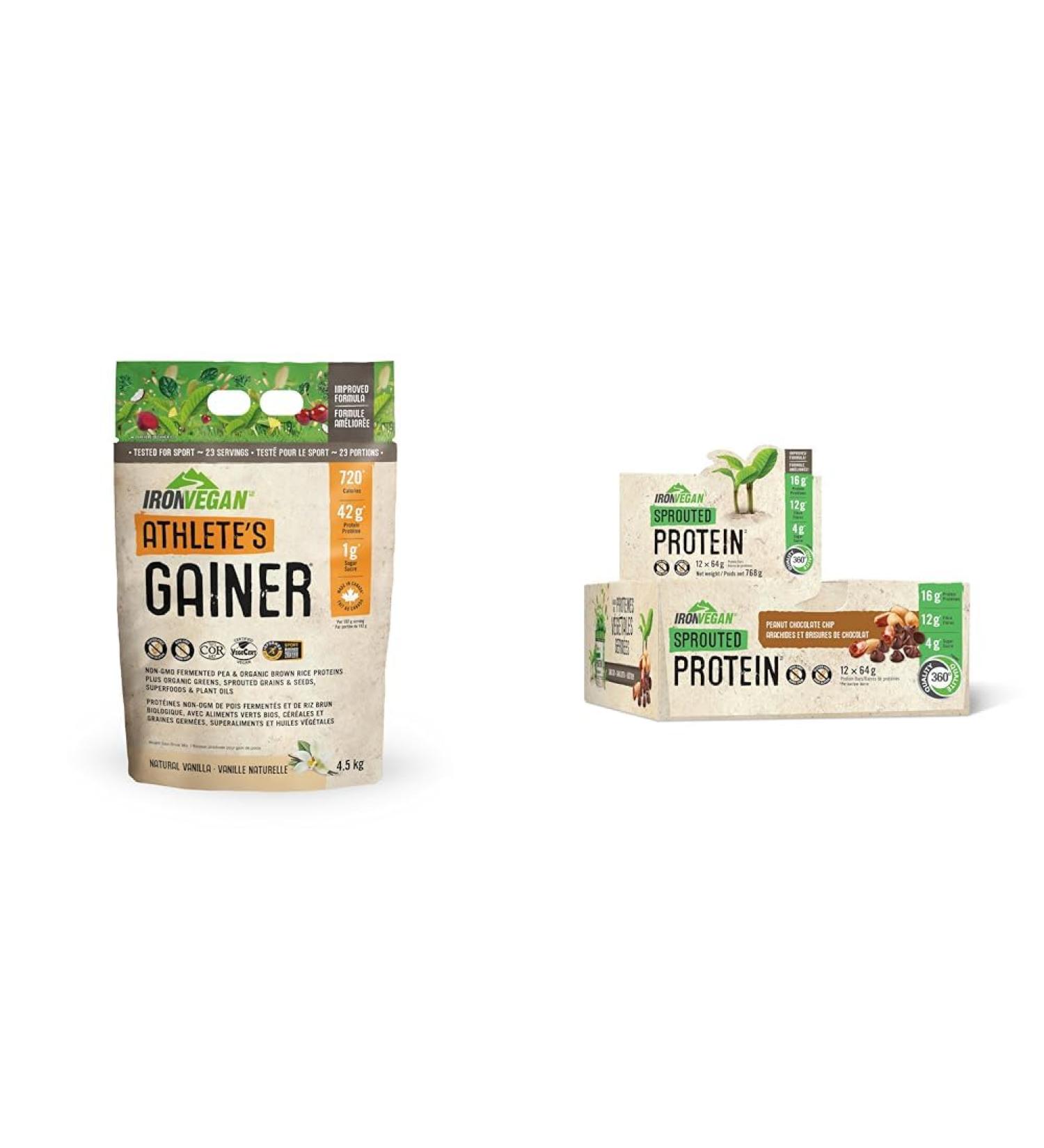 Athlete's Gainer Protein Powder Natural Vanilla Flavour 4.5 kg | Vegan and Non-GMO & Iron Vegan Sprouted Protein Bars | Peanut Chocolate Chip Flavour | 12 Pack - Buy Online on GoSupps.com