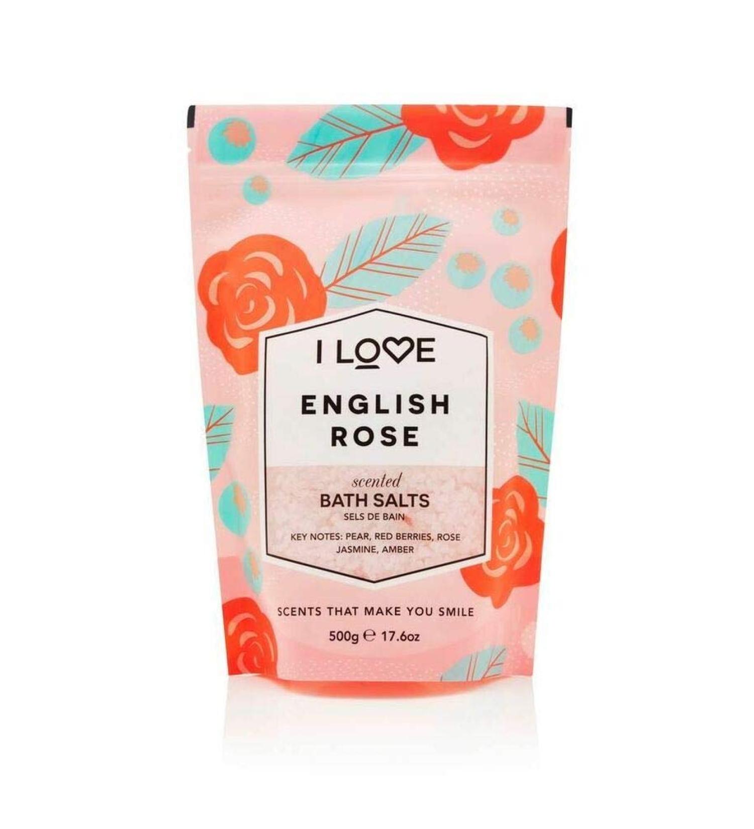I Love English Rose Scented Bath Salts with 99% Naturally Derived Including ACB Bio-Water Bamboo Lightly Fribranced Leaving Skin Feeling Silky & Smooth Vegan-Friendly-500G