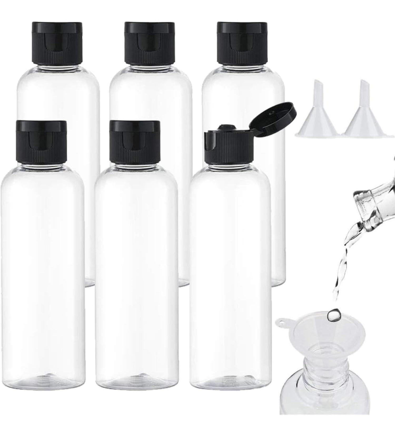 Voarge 6 Pack Travel Bottles Set - 100ml Transparent Plastic for Air Travel | Includes Small Funnel | Ideal for Vacations & Airport Use (Black) - Buy Online on GoSupps.com