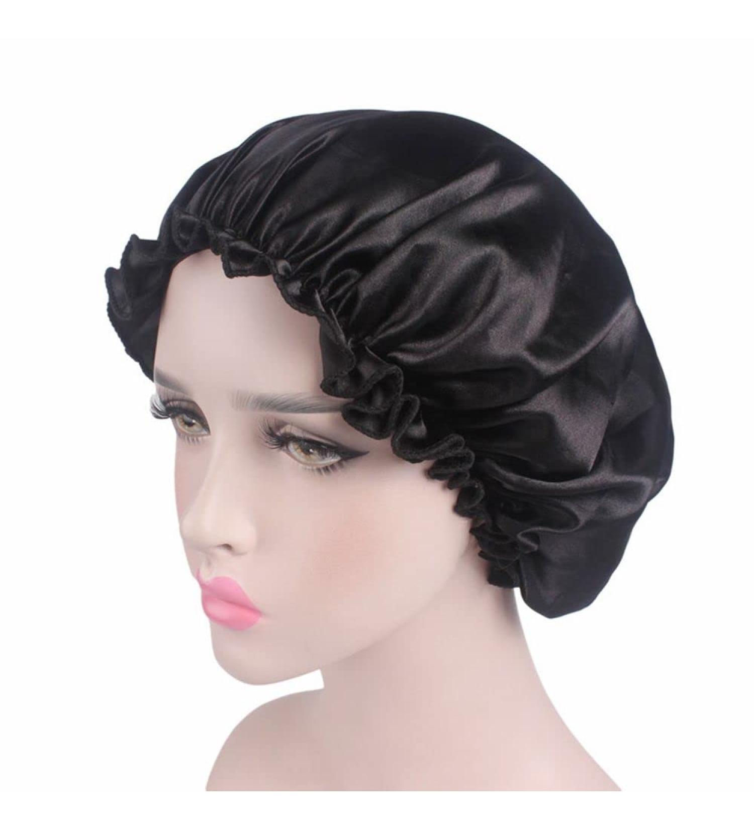 Women Satin Silk Sleeping Hat - Black Shower Cap for Lady Night Hair Care - Buy Online on GoSupps.com